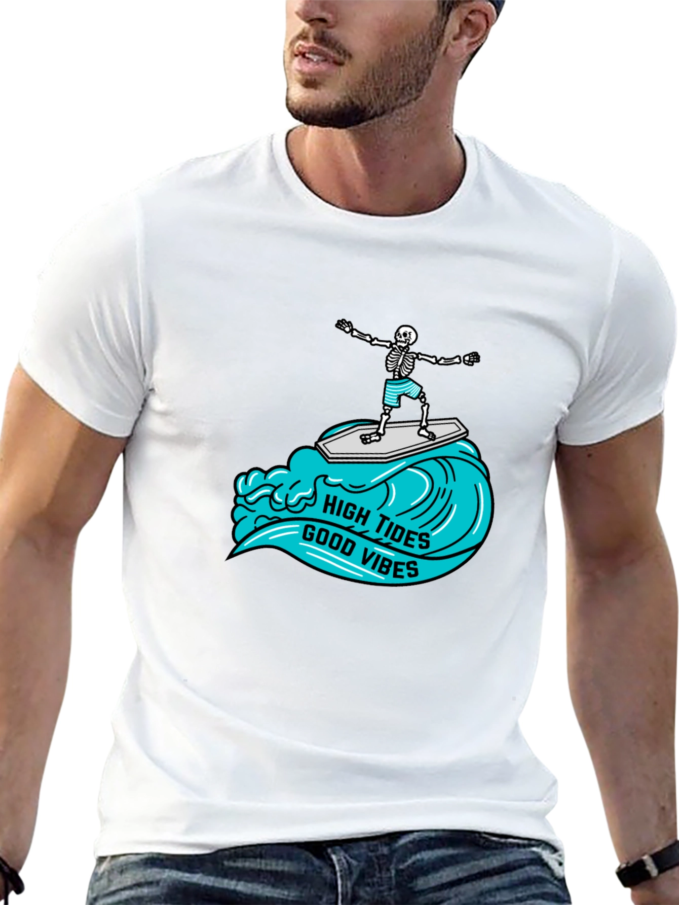 Black High Tides Good Vibes Skeleton Surfing Tee view 13