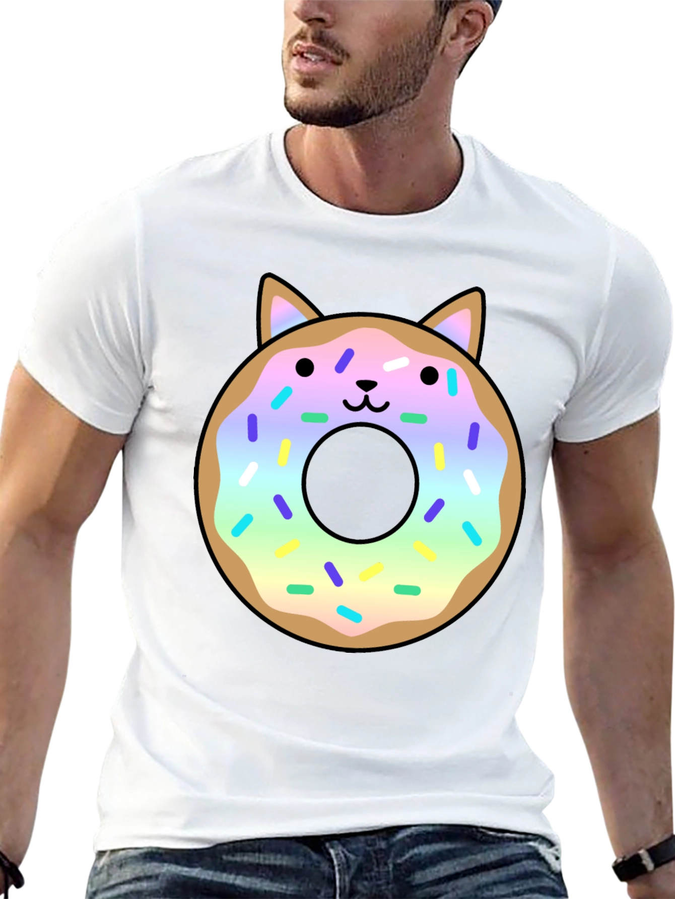 Black Cute Cat Donut Graphic Tee - Black Unisex T-Shirt view 13