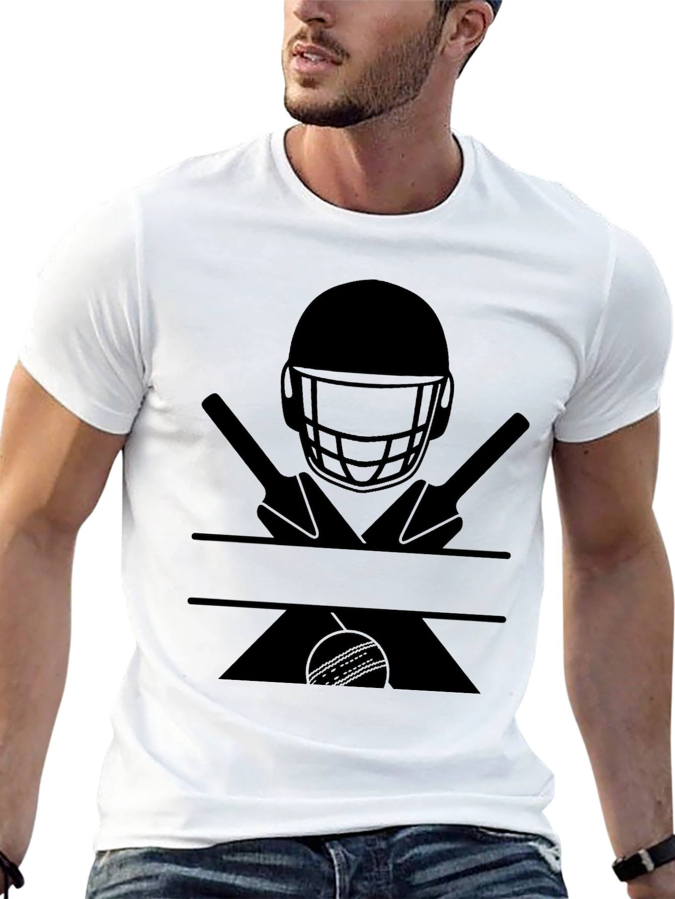 Black Cricket Helmet, Bats, and Ball Graphic Tee view 13