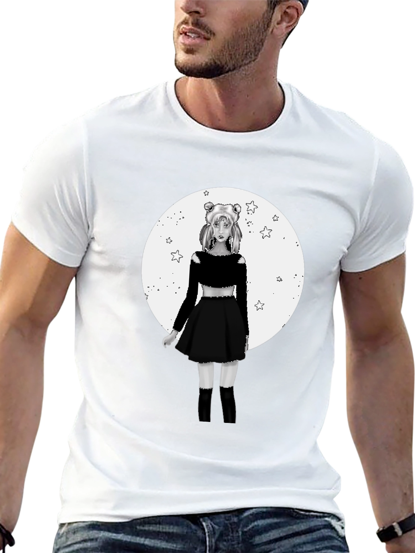 Black Anime Girl Moon Graphic Black T-Shirt view 13