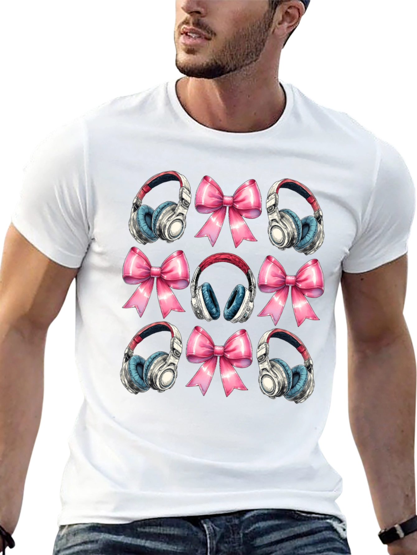 Black Headphones and Bows Pattern T-Shirt view 13