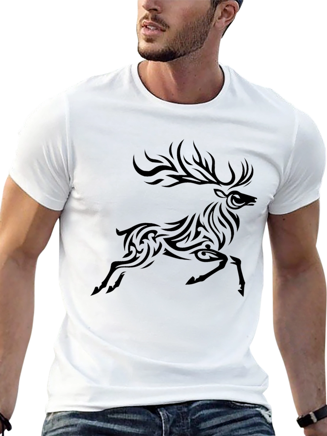 Tribal Deer Graphic Black T-Shirt - 13
