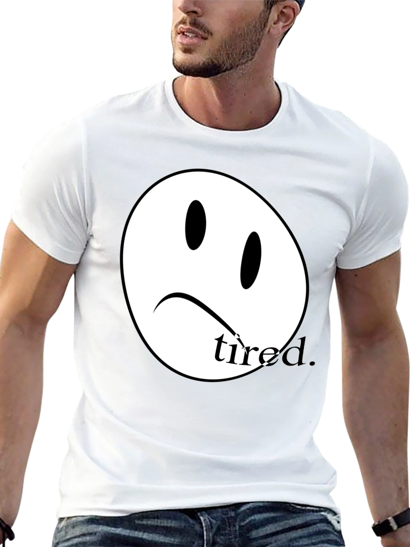 Black Sad Face Tired T-Shirt - Unisex Cotton Tee view 13