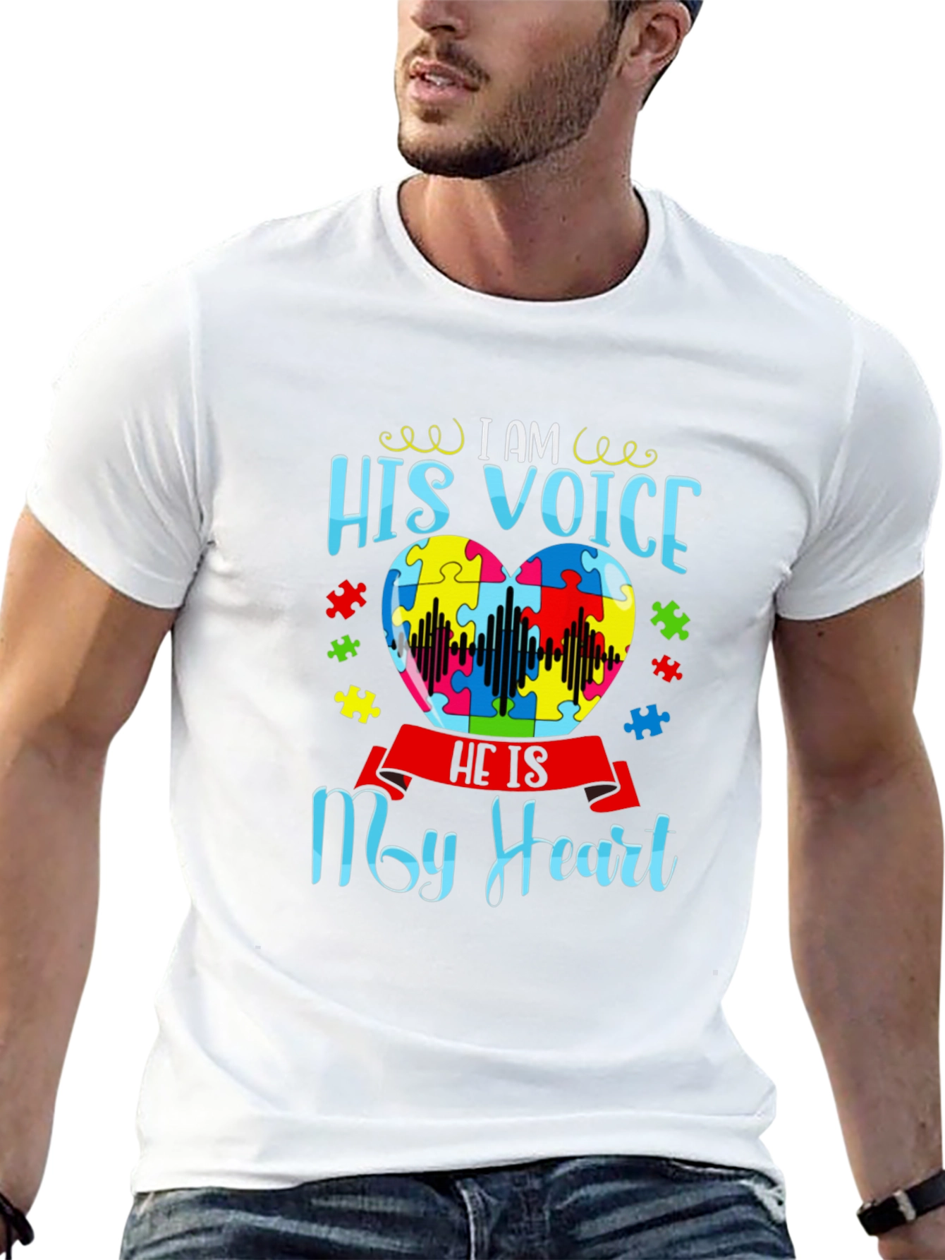 Black Autism Awareness 'His Voice My Heart' T-Shirt view 13