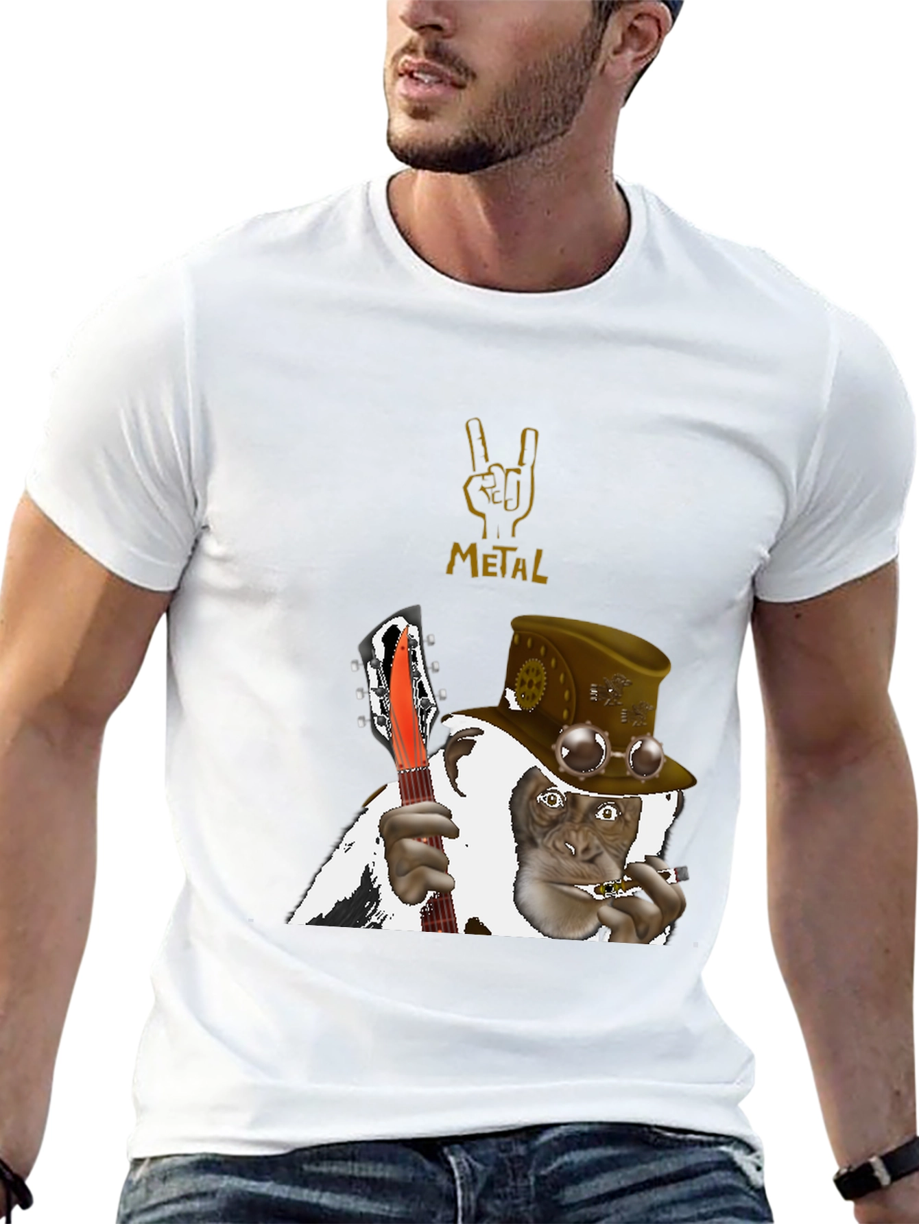 Black Steampunk Monkey Guitarist T-Shirt view 13