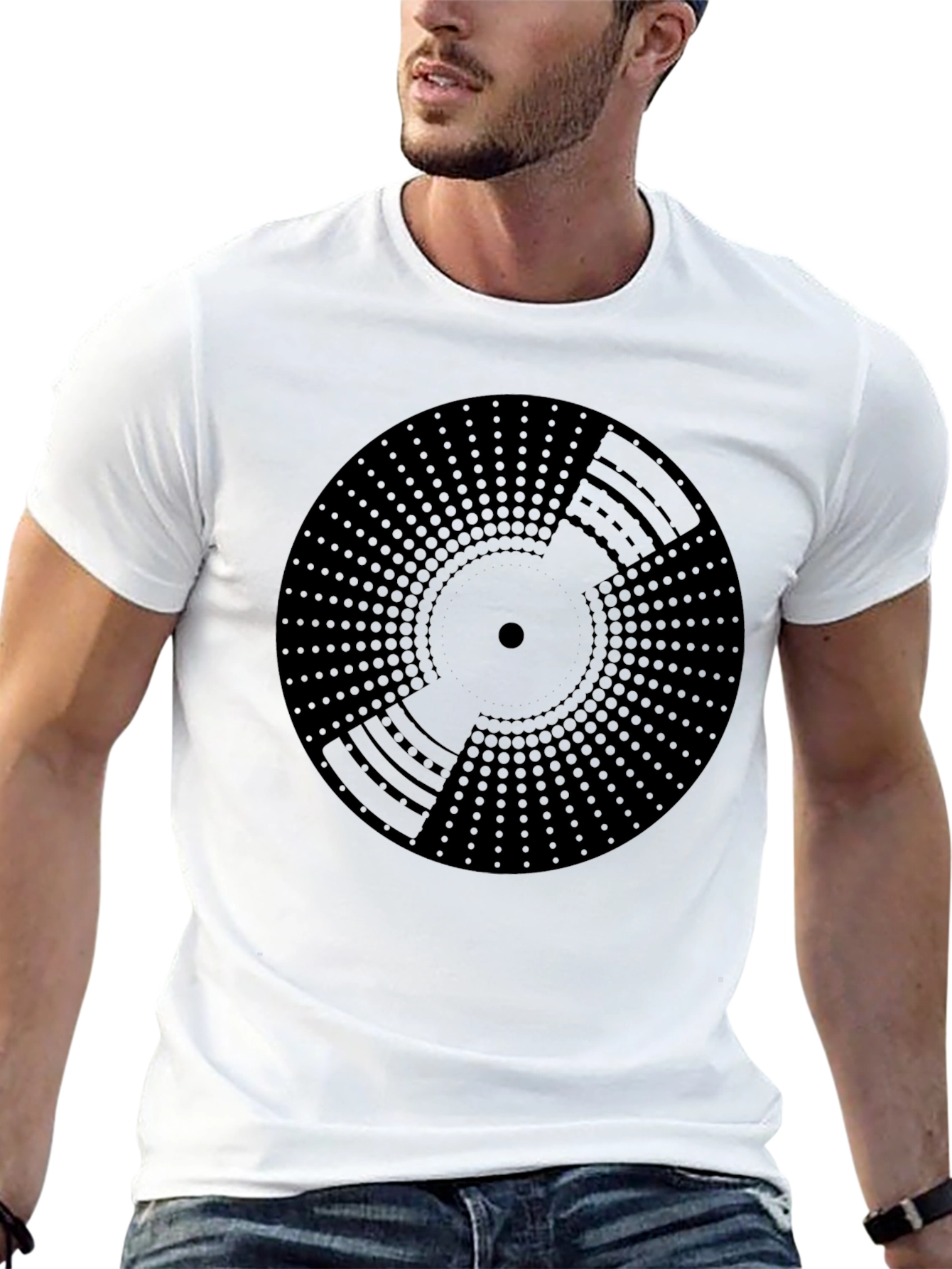 Black Geometric Circle Print Men's Black T-Shirt view 13