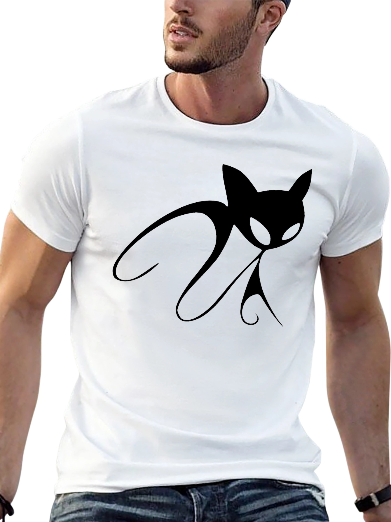 Black Men's Black T-Shirt with Stylized Cat Design view 13