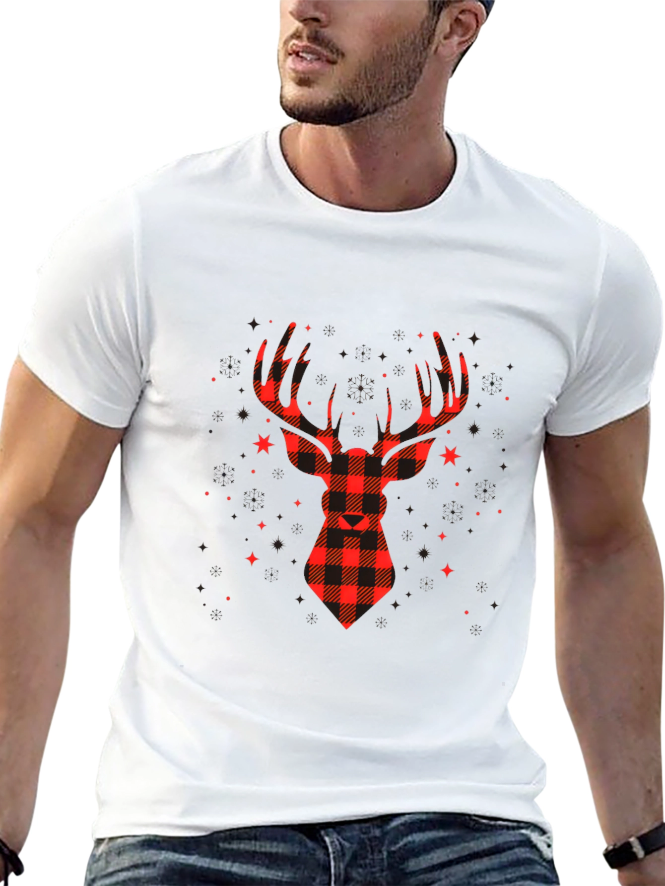Black Plaid Reindeer Graphic Tee - Classic Holiday Style view 13