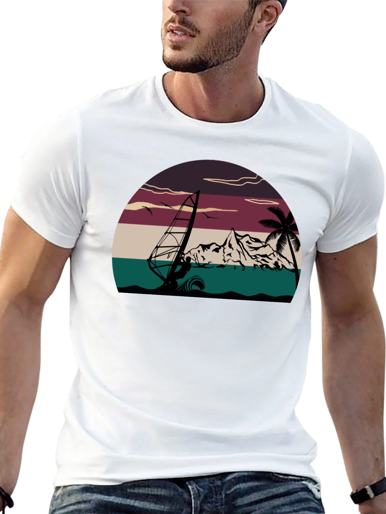 Black Retro Windsurfing T-Shirt - Vintage Style Tee view 13