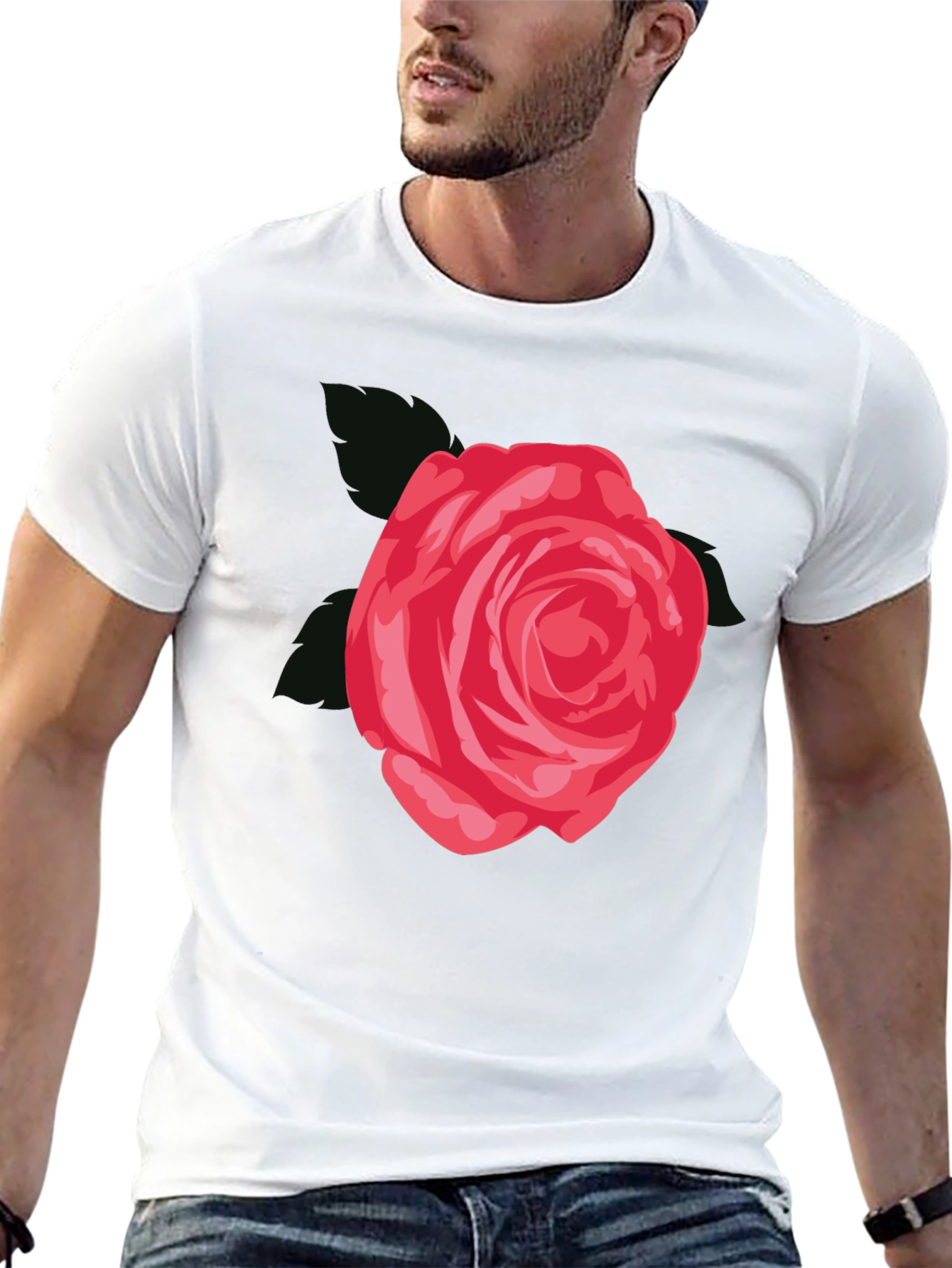 Black Men's Black T-Shirt with Red Rose Graphic view 13