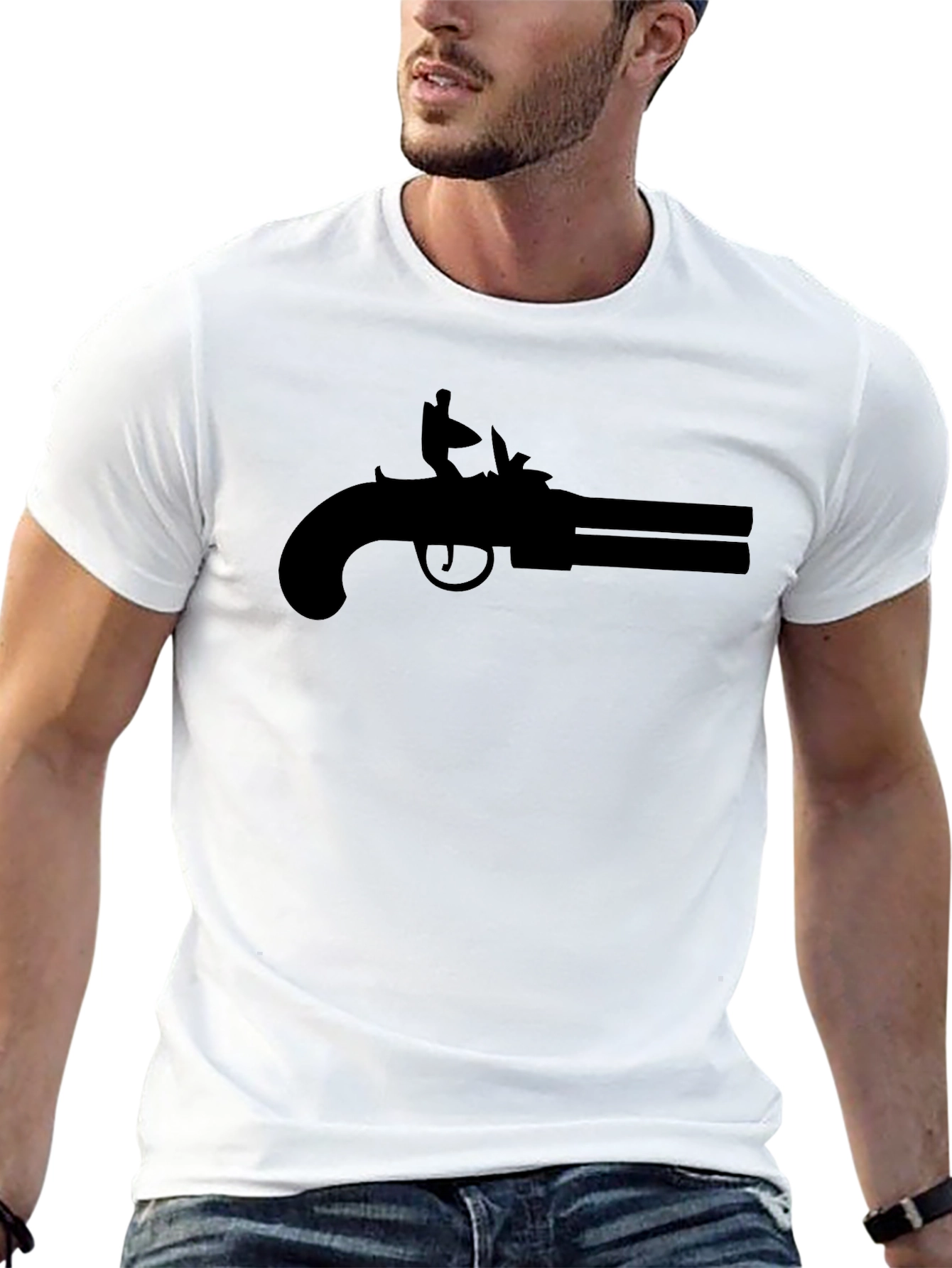 Black Double Barrel Pistol Graphic Tee - Black Cotton T-Shirt view 13