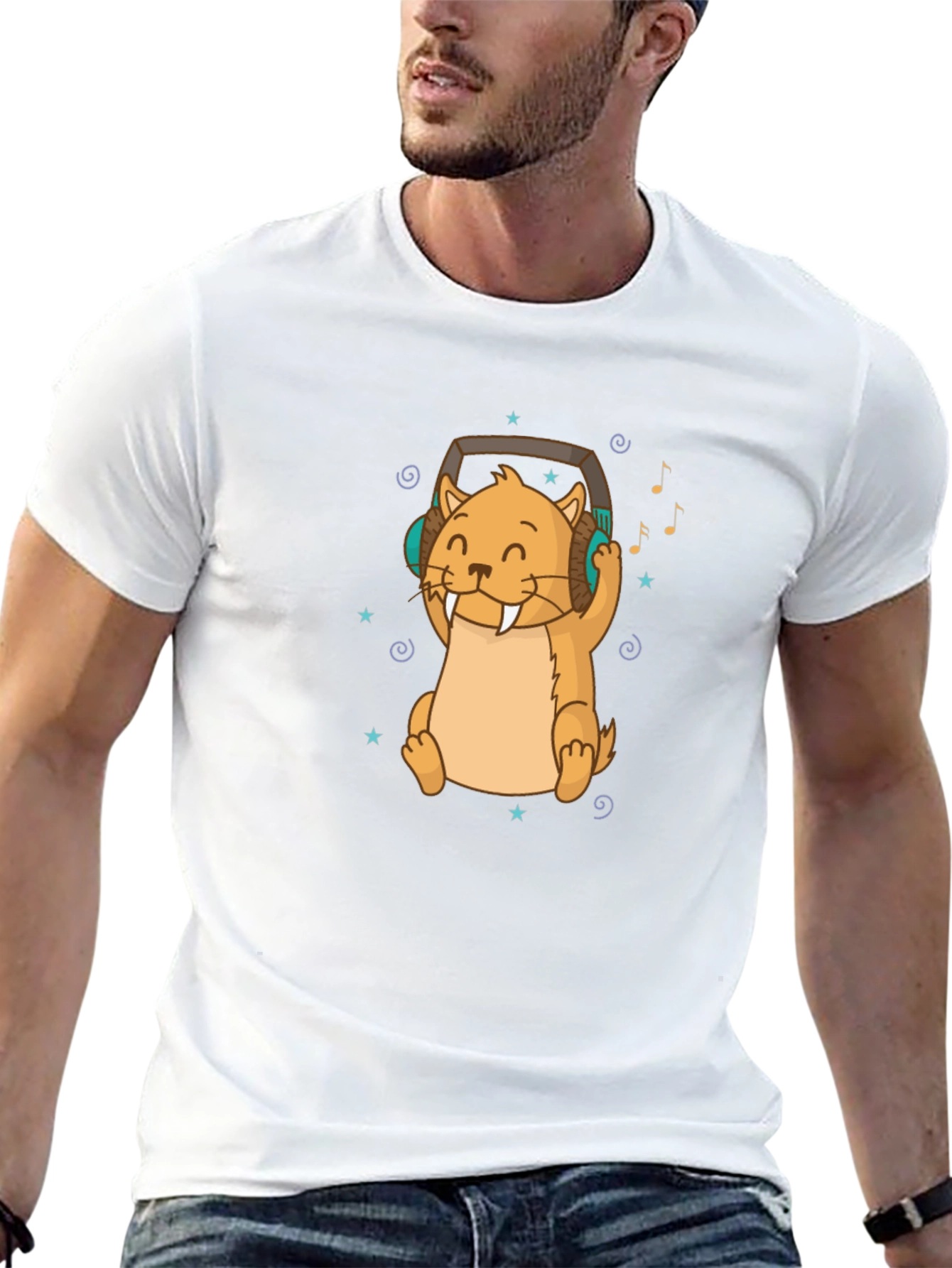 Black Cute Otter with Headphones Black T-Shirt view 13