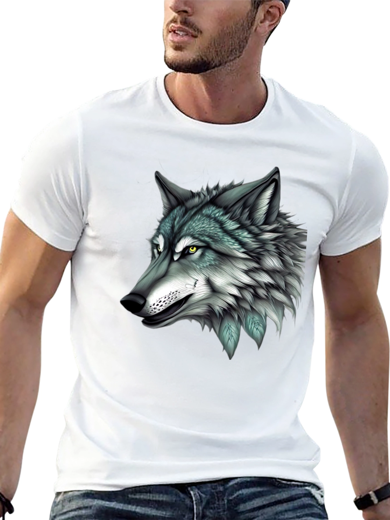 Black Wolf Graphic Print Black T-Shirt for Men view 13