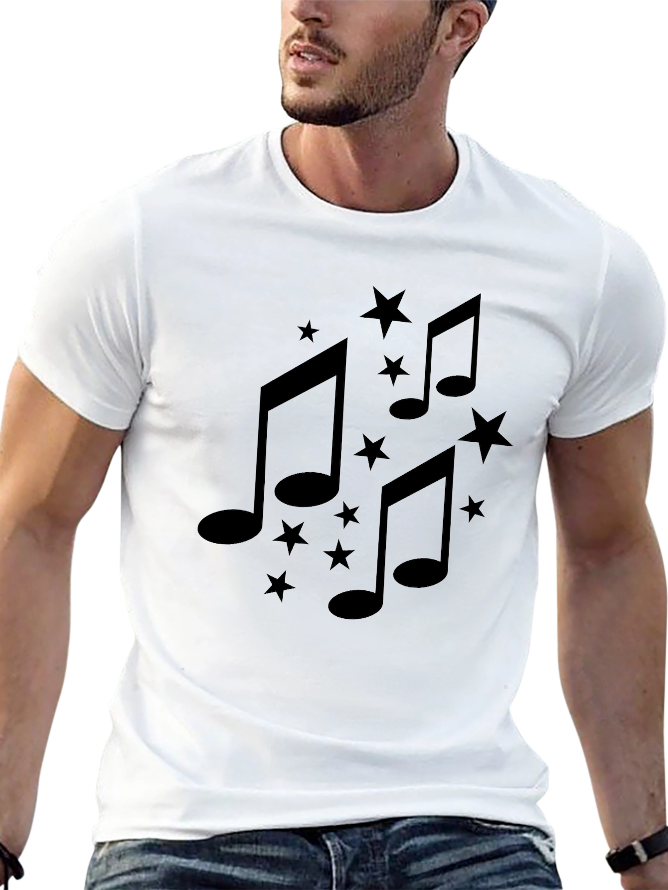 Black Musical Notes & Stars Graphic Tee - Stylish Black T-Shirt view 13