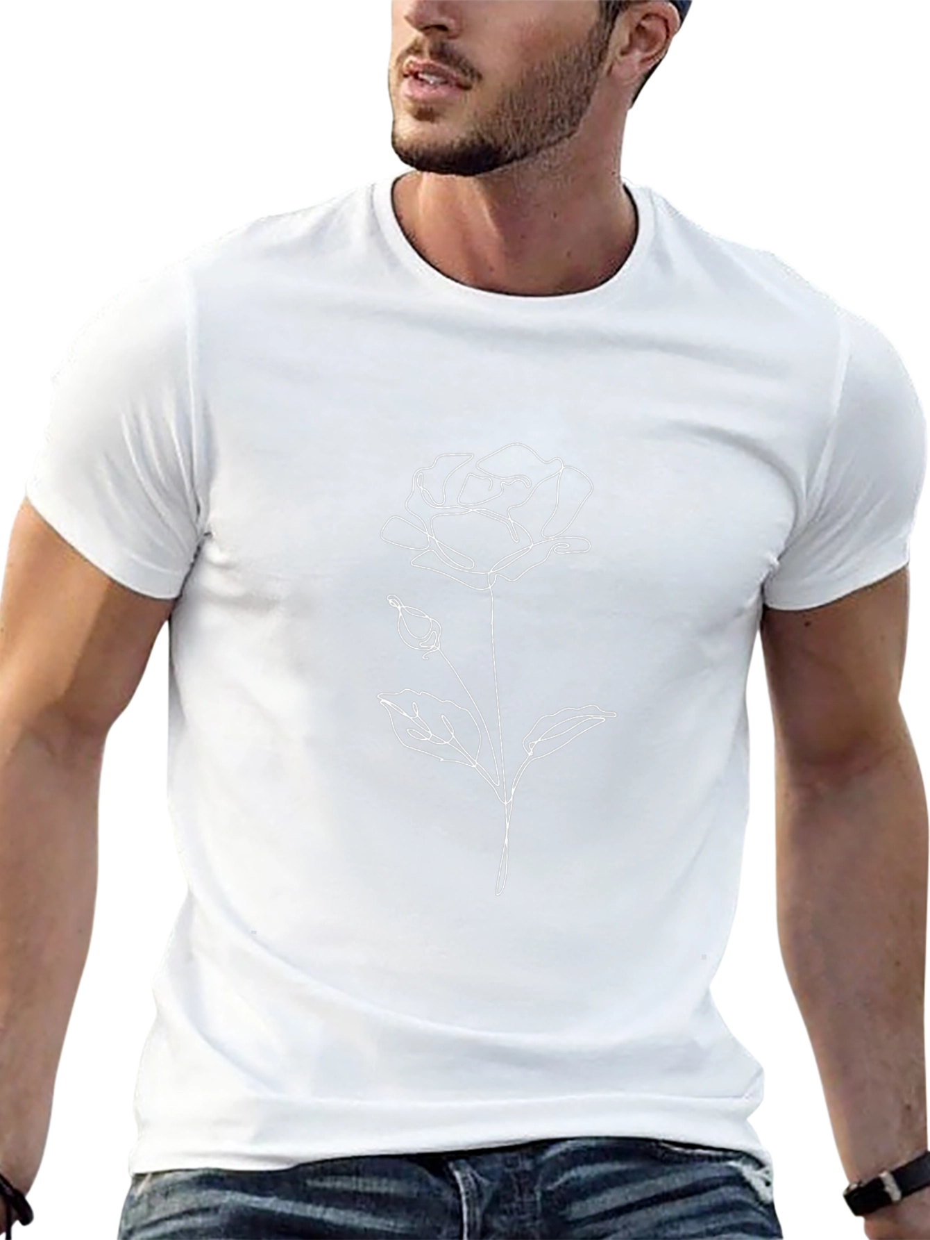 Black Minimalist Rose Line Art T-Shirt - Black view 13