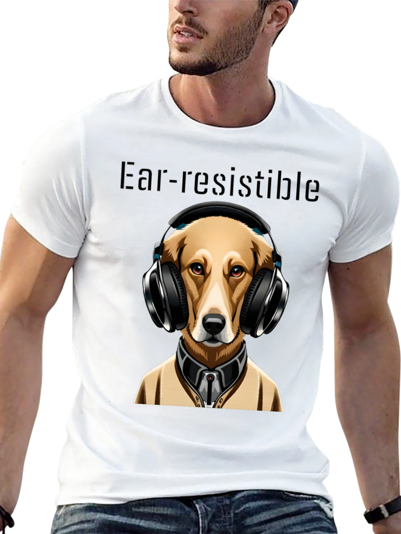 Black Ear-resistible Dog Headphones Graphic Tee view 13