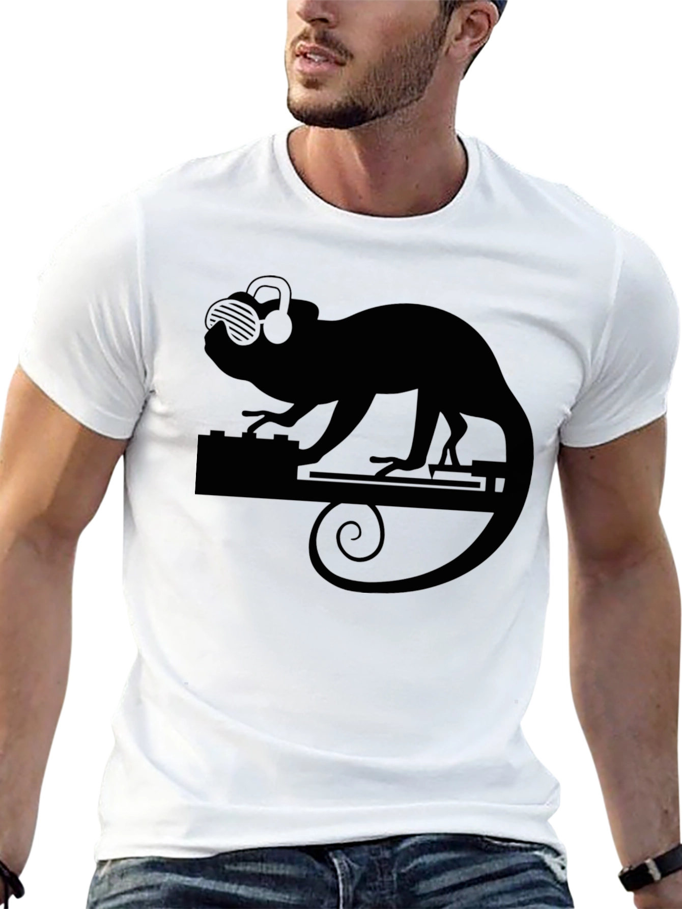 Black DJ Chameleon Black T-Shirt - Cool Party Animal Design view 13