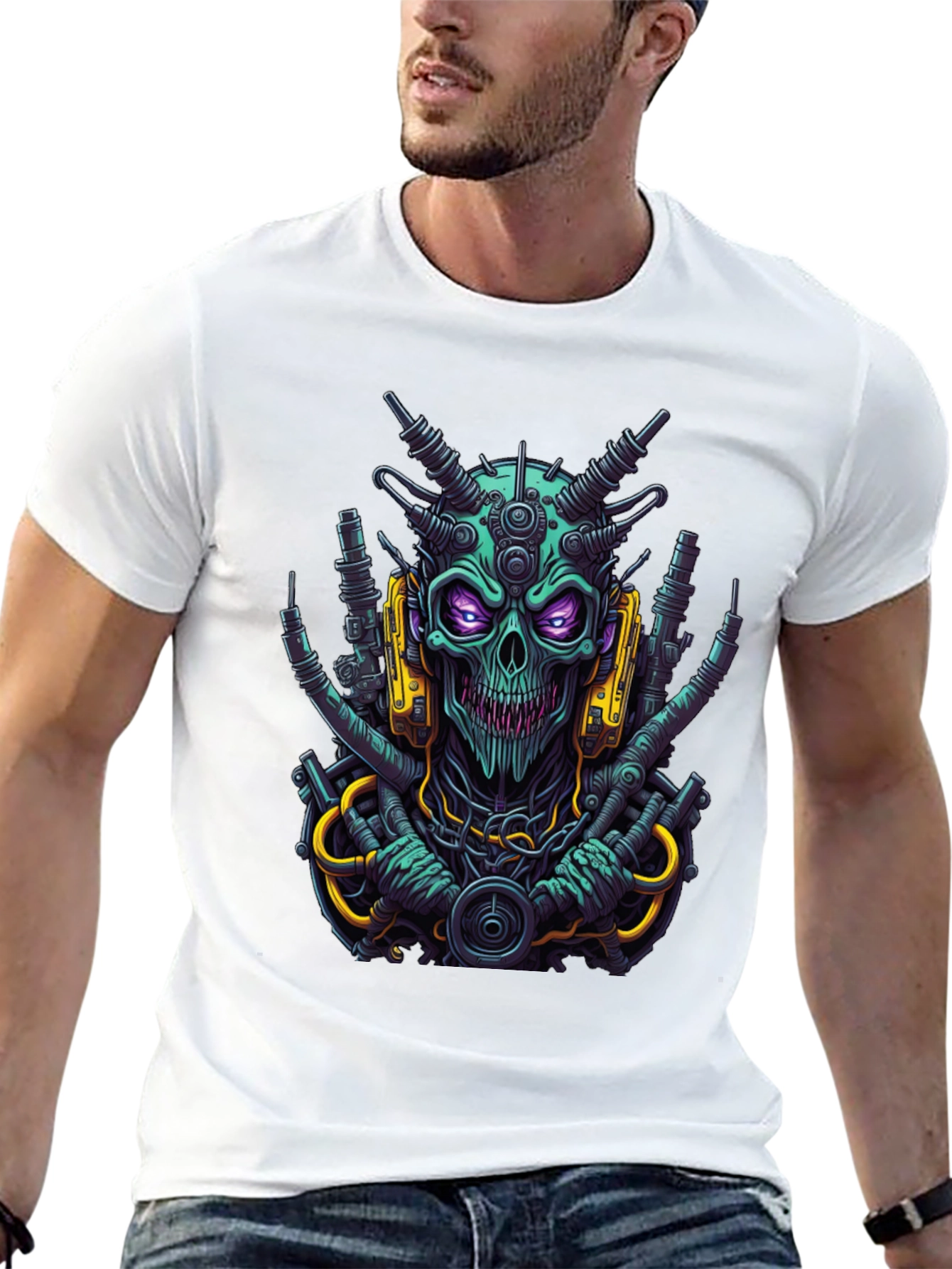 Black Cyberpunk Skull T-Shirt - Bold Sci-Fi Style view 13