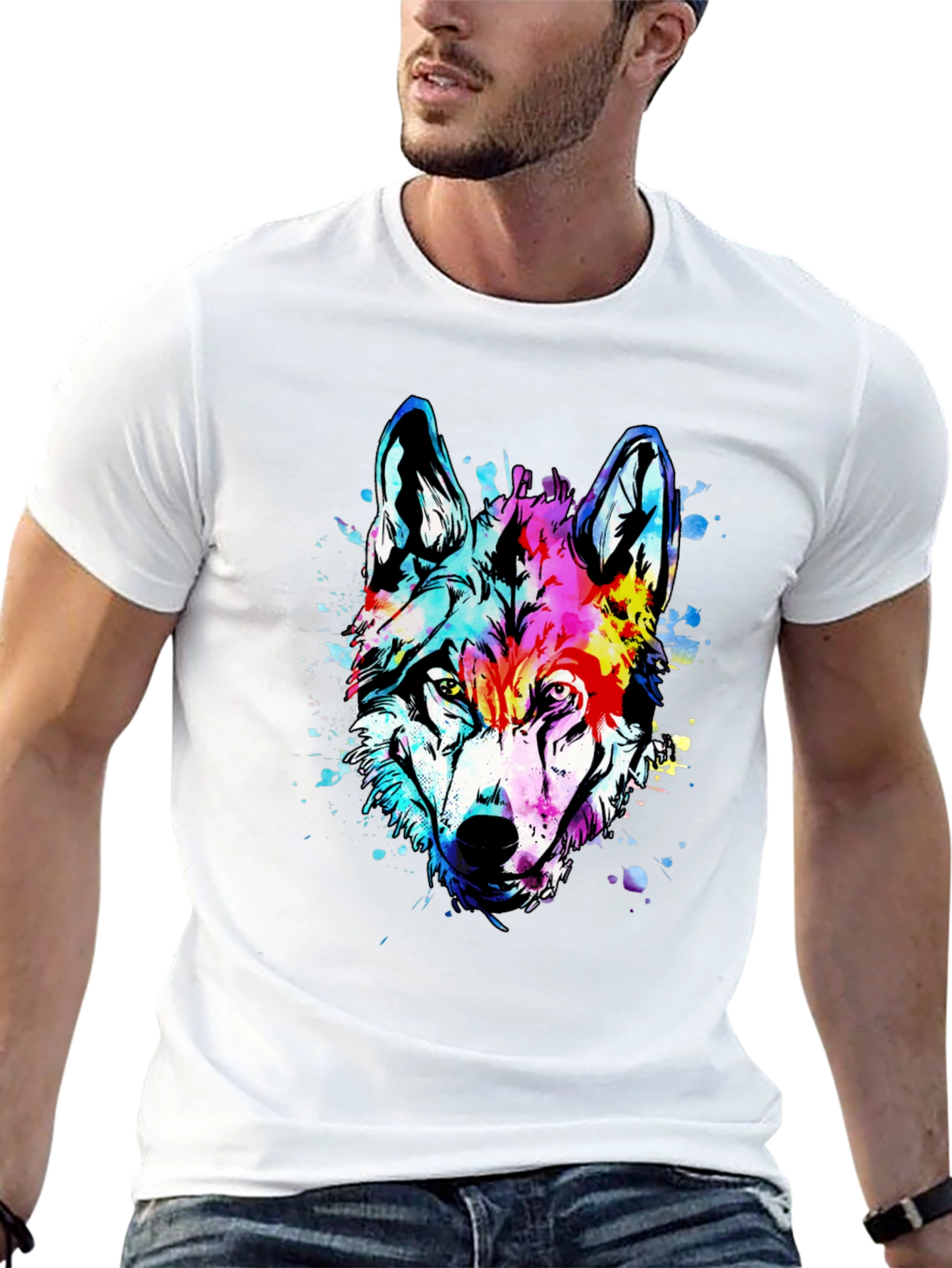 Black Vivid Wolf Graphic Tee - Men's Black Cotton T-Shirt view 13