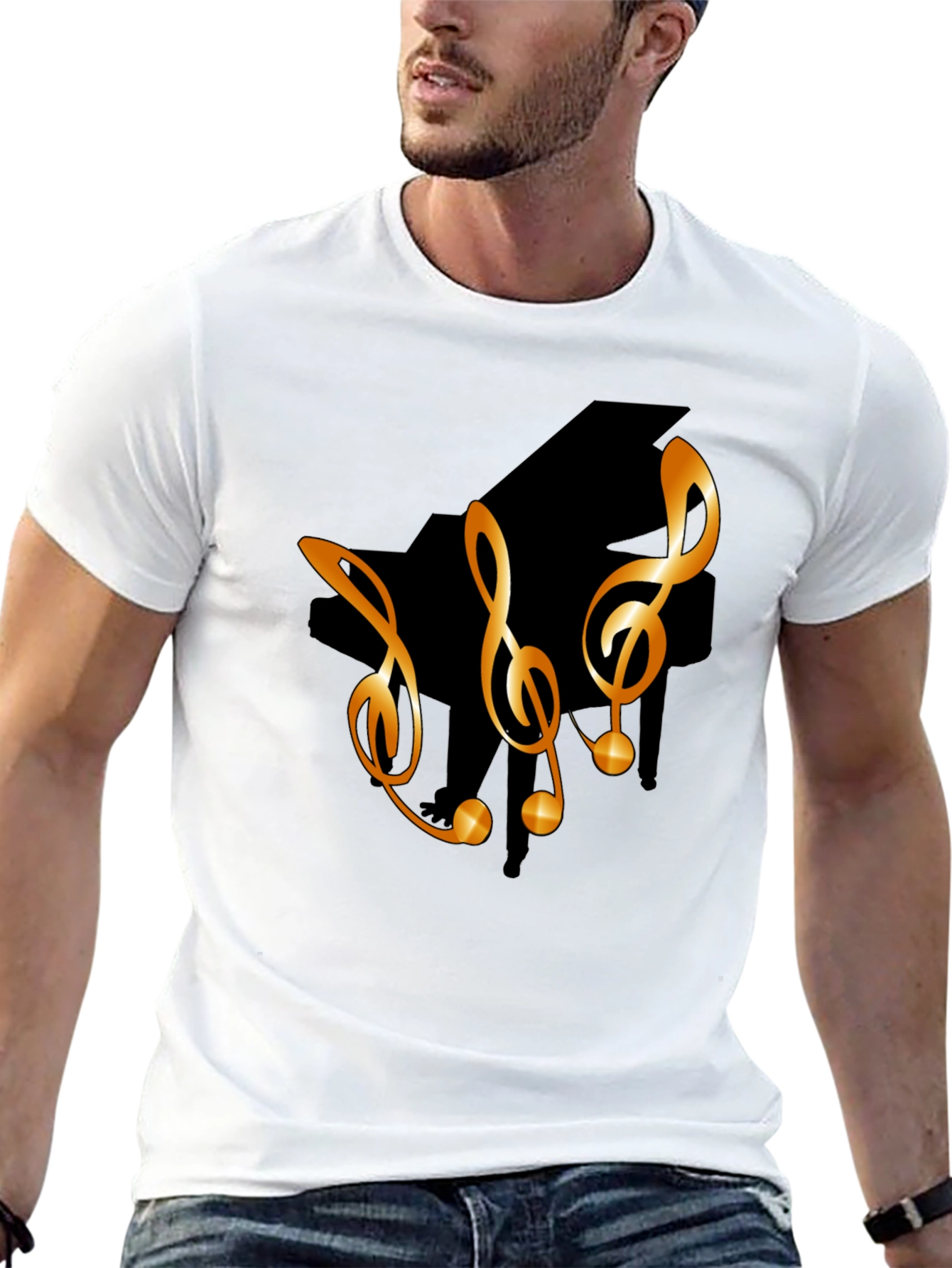 Black Musical T-Shirt with Piano & Treble Clef Design view 13