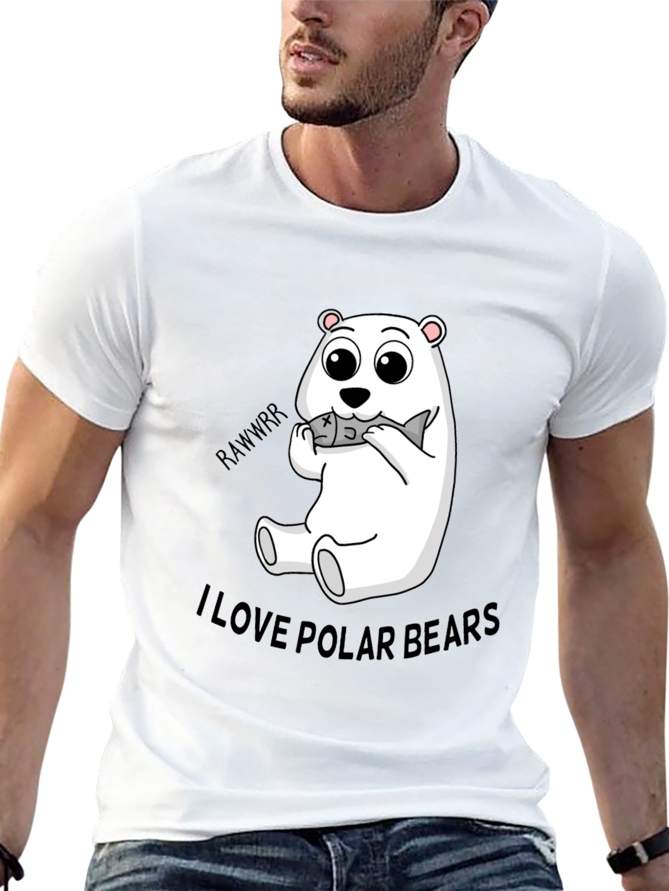 Black Cute Polar Bear Eating Fish Black T-Shirt view 13
