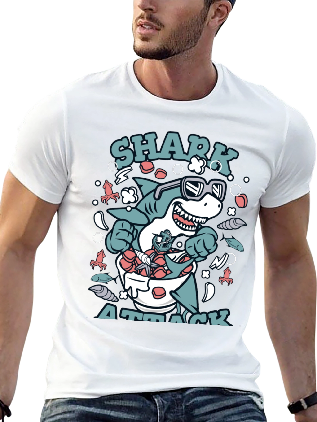Shark Attack T-Shirt, Novelty Graphic Tee - 13
