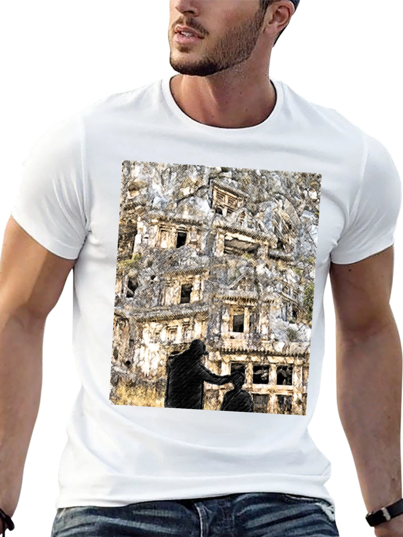 Black Urban Sketch Tee: Barber Shop Graphic Print view 13