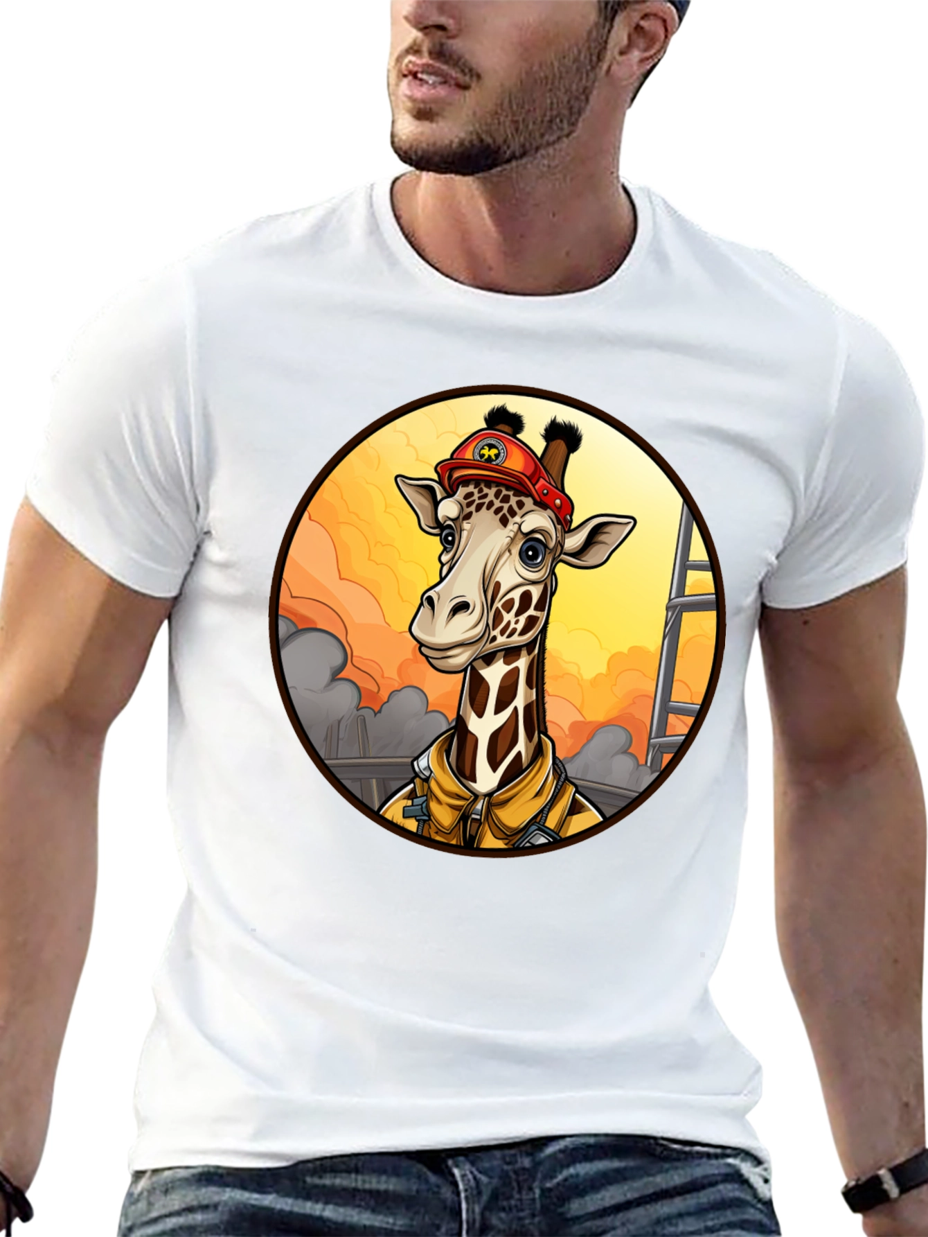 Black Giraffe Firefighter T-Shirt - Unique Cartoon Design view 13