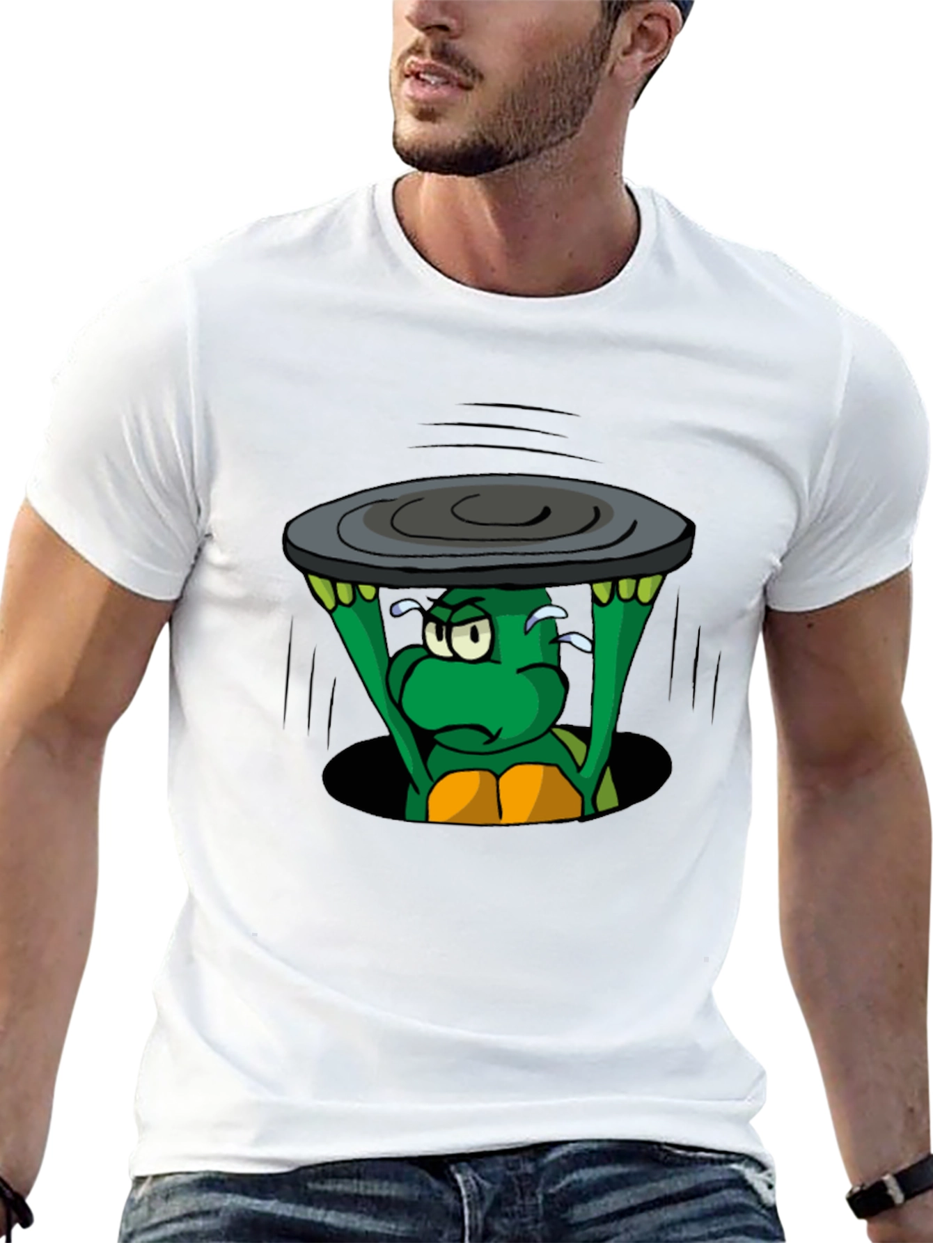 Black Cartoon Turtle Lifting Manhole Cover Black T-Shirt view 13