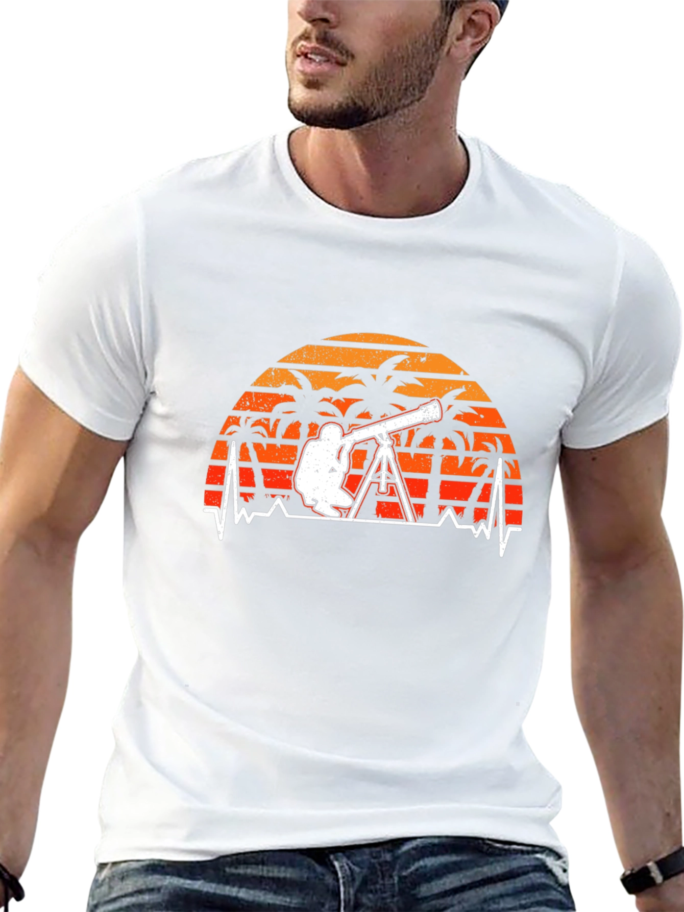 Black Astronomy T-Shirt: Telescope Heartbeat Sunset Design view 13