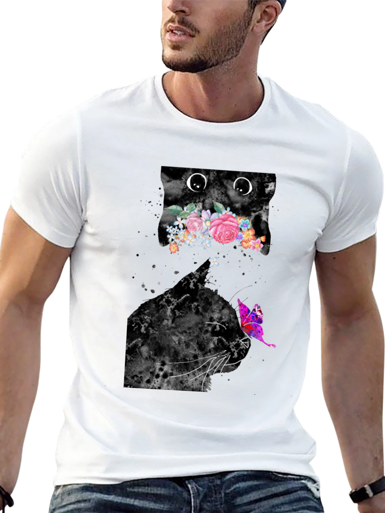Black Floral Cat Graphic Tee - Trendy Men's Black T-Shirt view 13