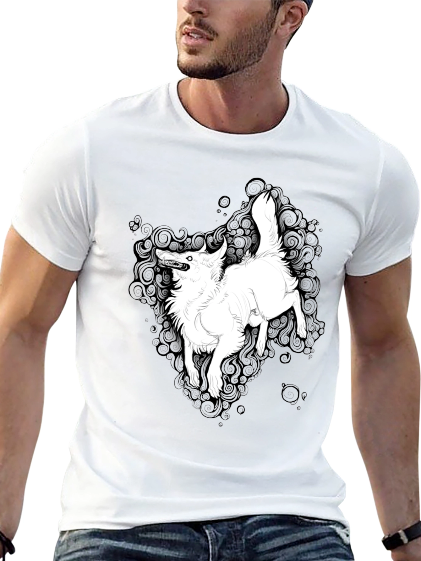 Black Black Graphic Tee - White Wolf Print view 13