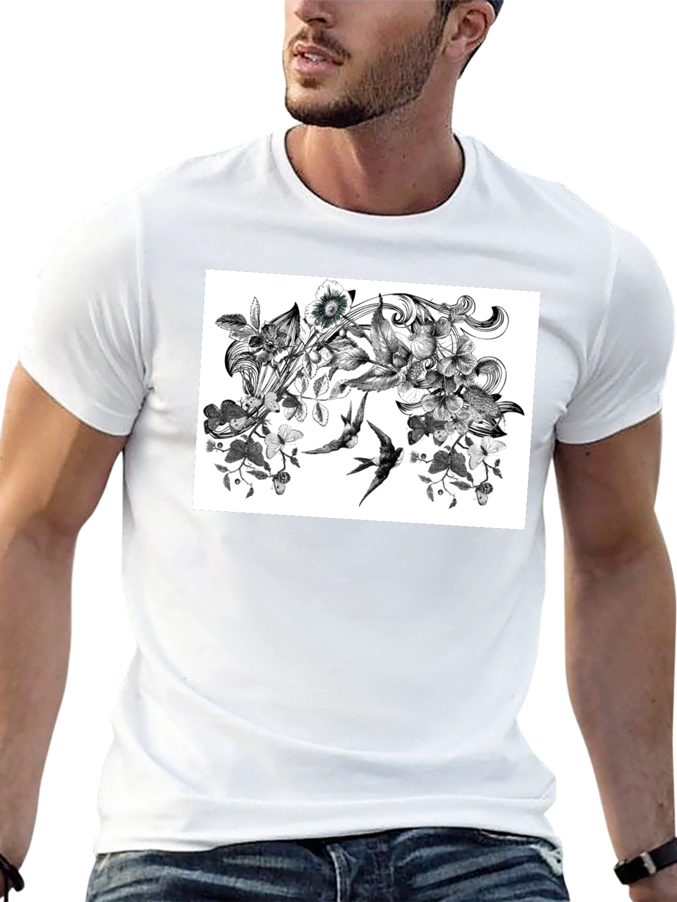 Black Botanical Swallow T-Shirt - Artistic Black Tee view 13