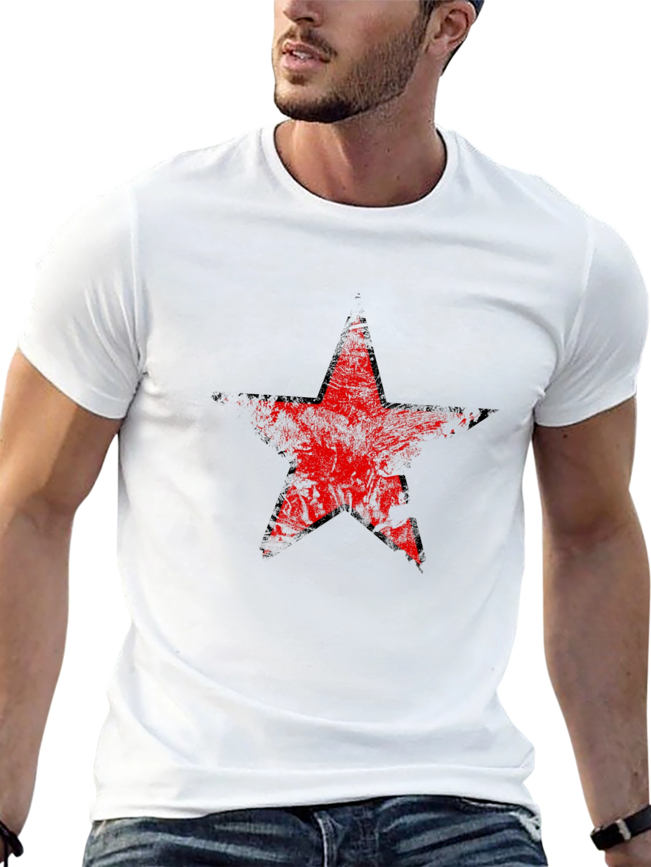 Black Distressed Red Star Graphic Black T-Shirt view 13