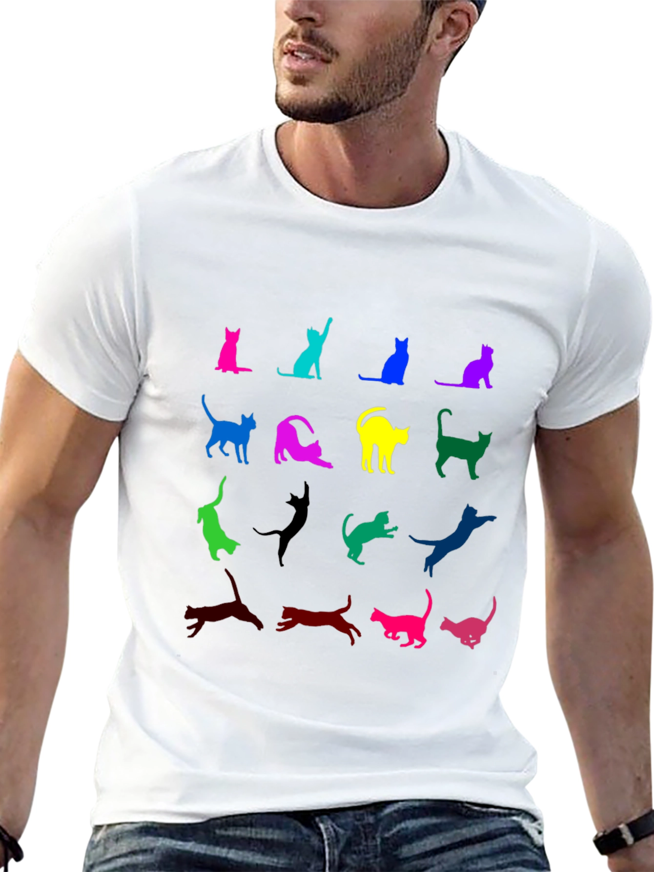 Black Colorful Cat Silhouette T-Shirt view 13