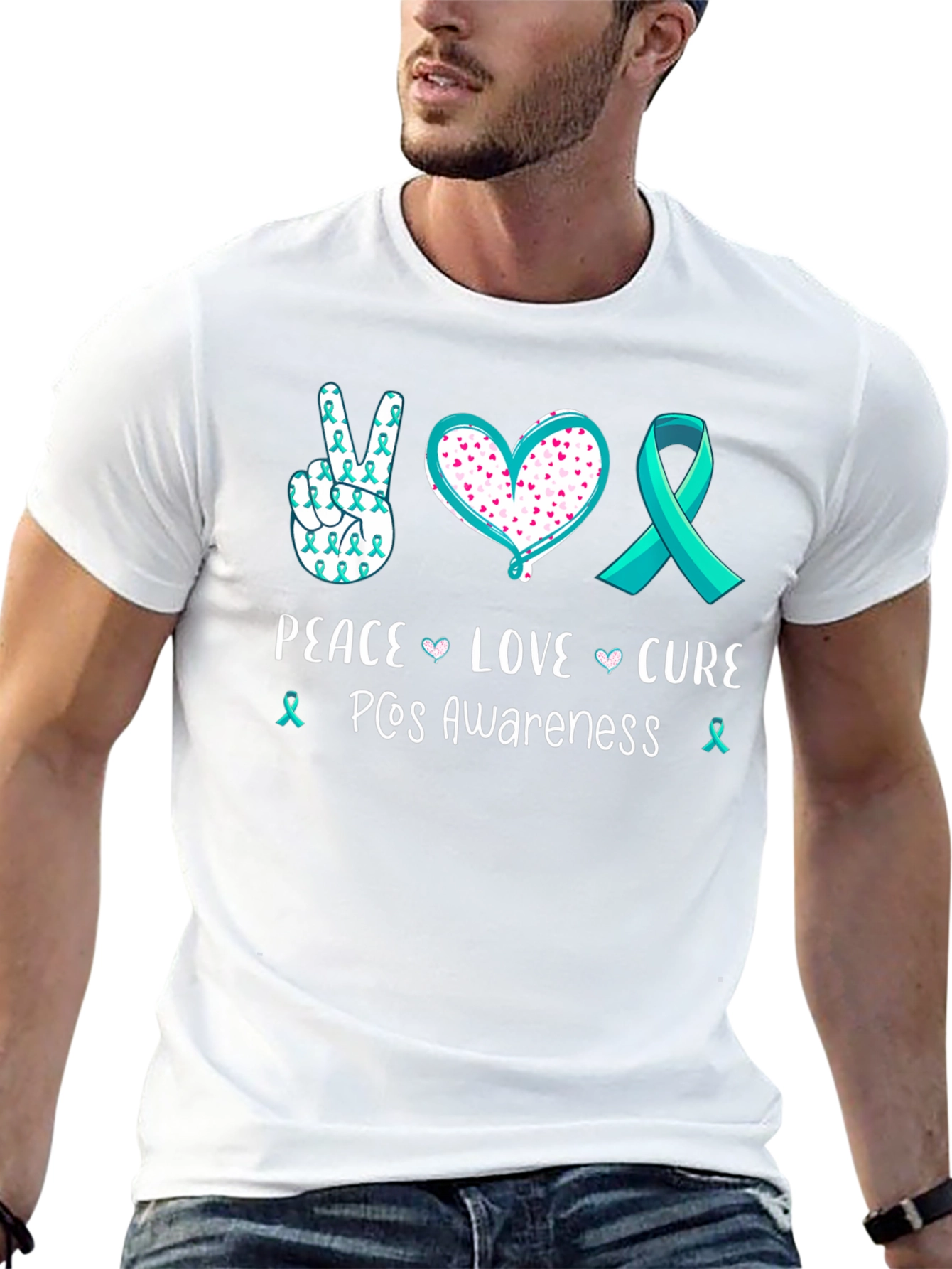 Black PCOS Awareness Peace Love Cure T-Shirt view 13