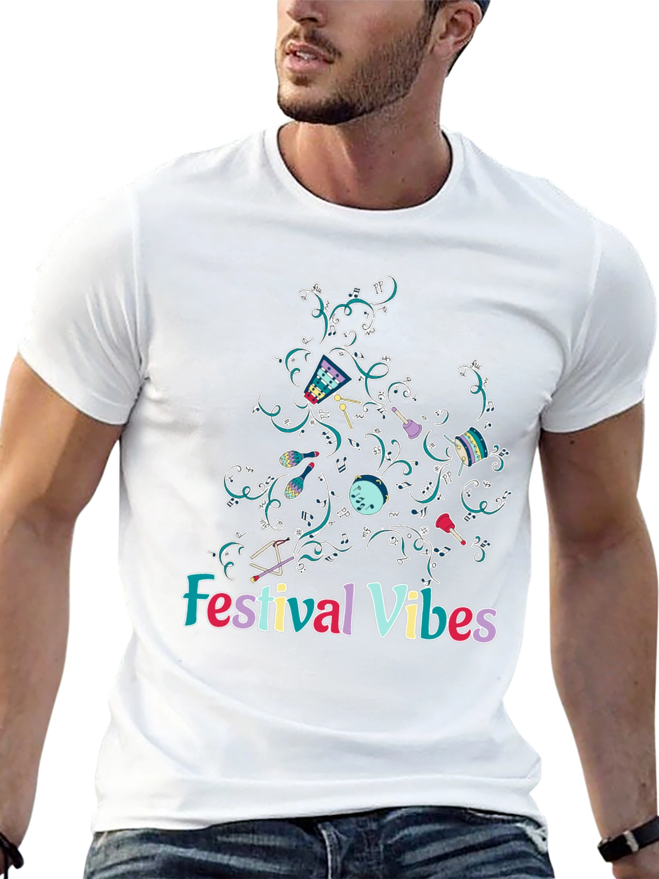 Black Festival Vibes Graphic Tee - Black Cotton T-Shirt view 13