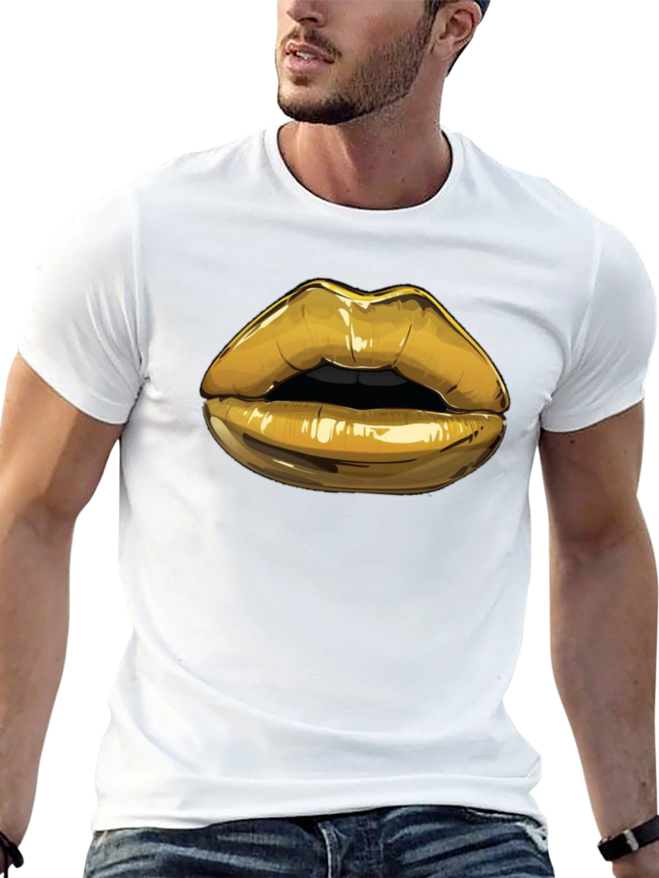 Black Golden Lips Graphic Tee - Stylish Black Cotton Blend Shirt view 13