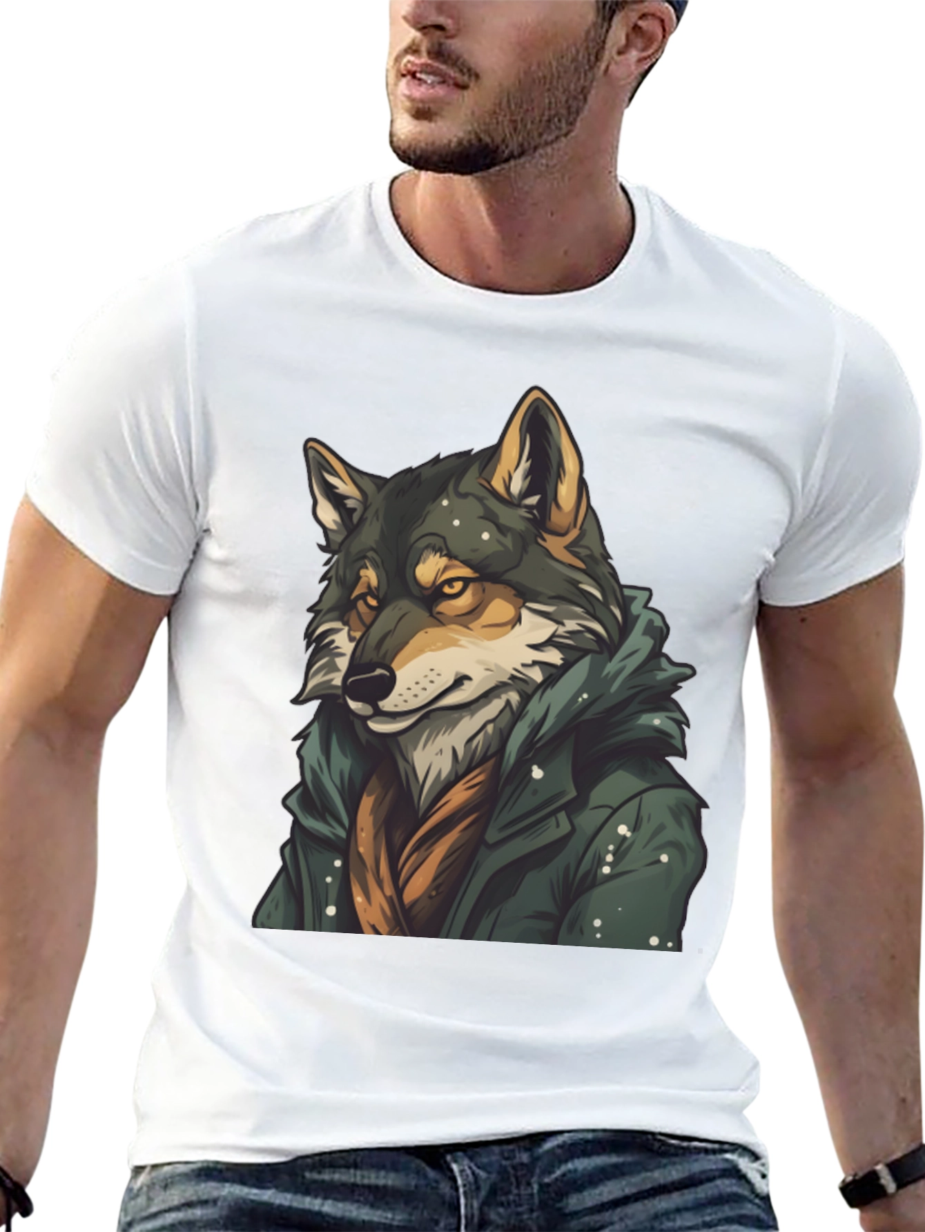 Black Wolf in Coat Graphic T-Shirt - Stylish Animal Tee view 13