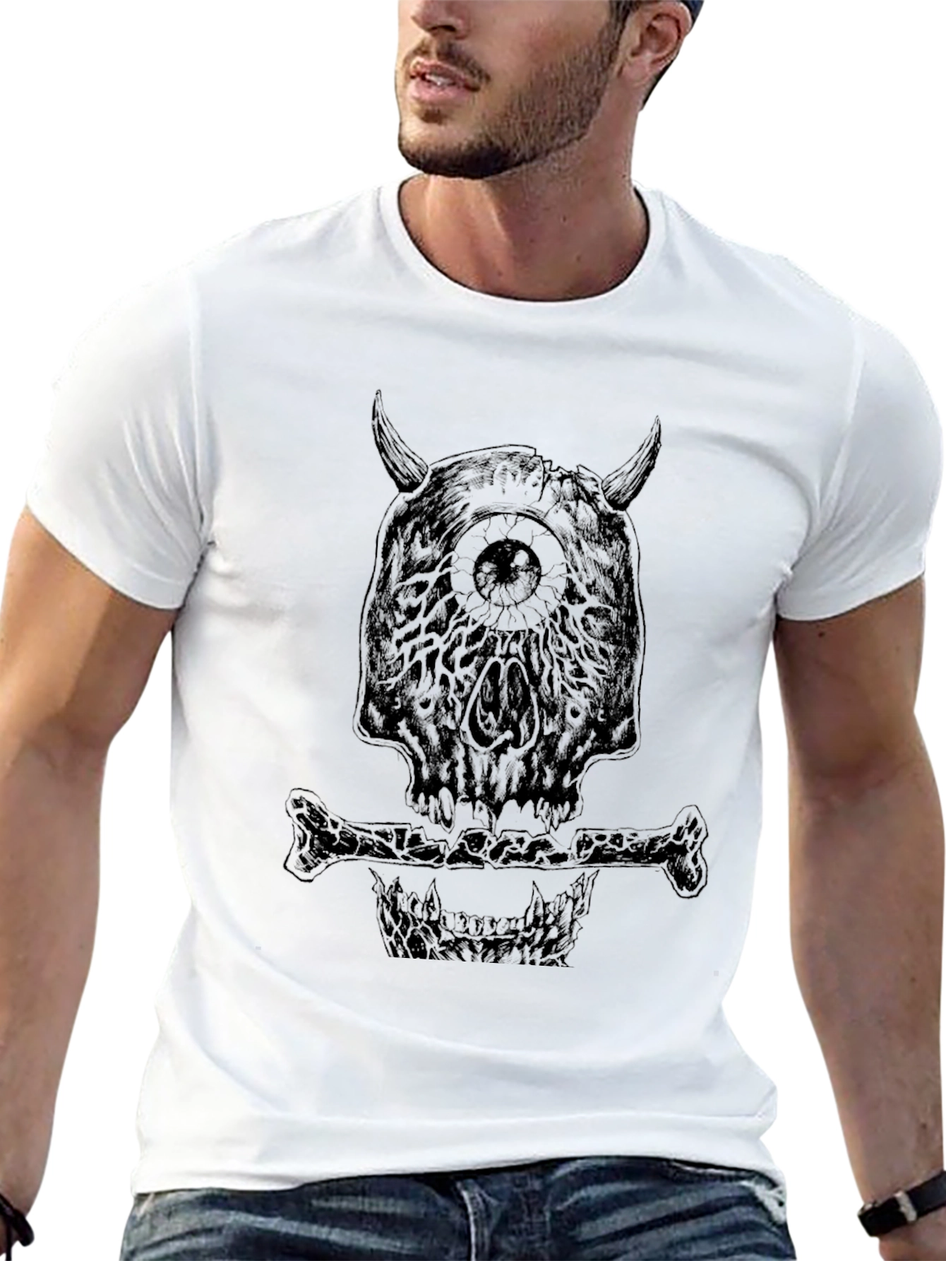 Black Monster Skull Graphic Tee - Black Crew Neck T-Shirt view 13