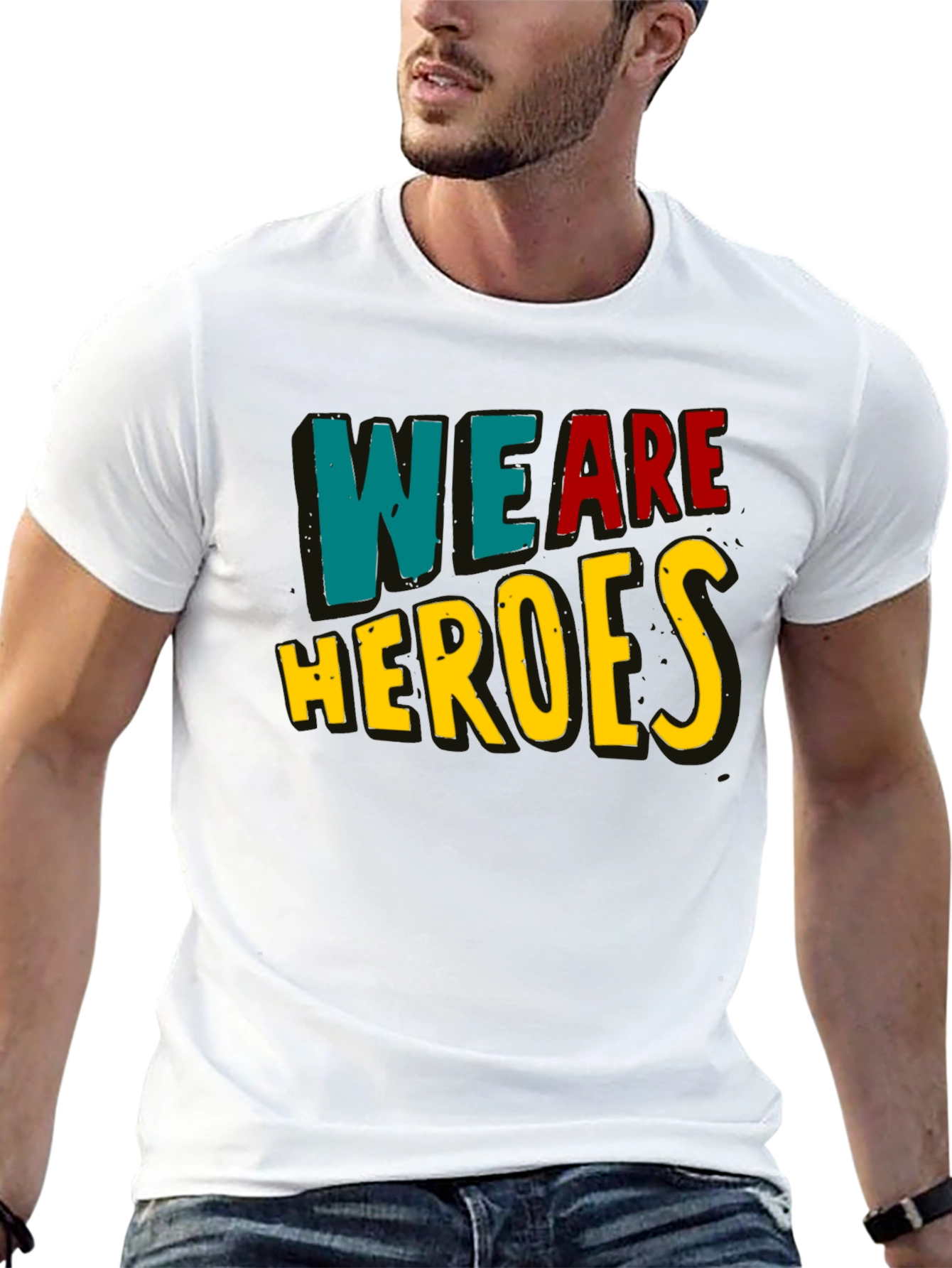 Black We Are Heroes T-Shirt - Black Crew Neck view 13