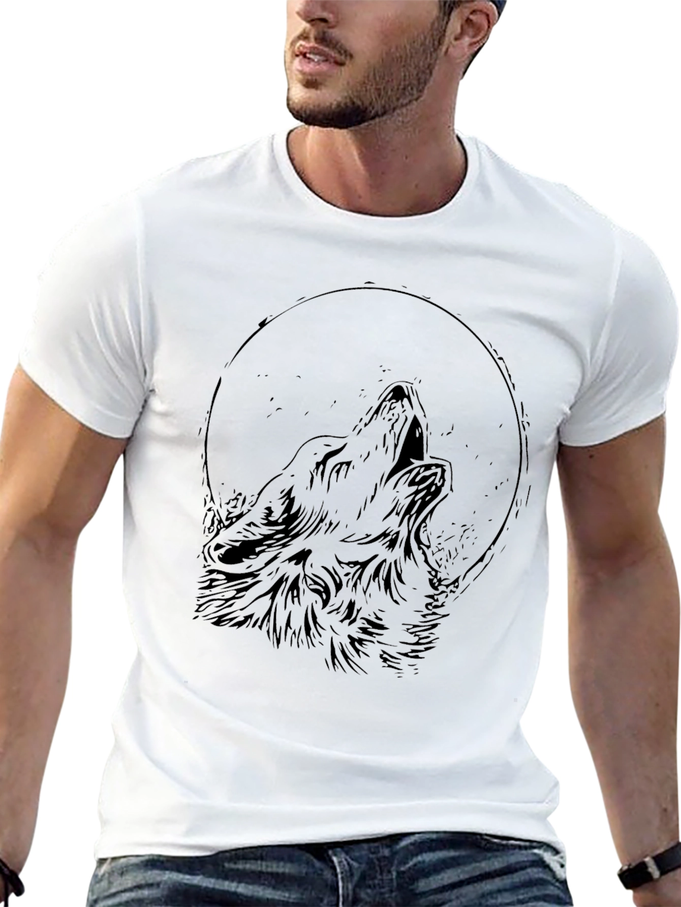 Black Wolf Howling Moon Graphic Black T-Shirt view 13