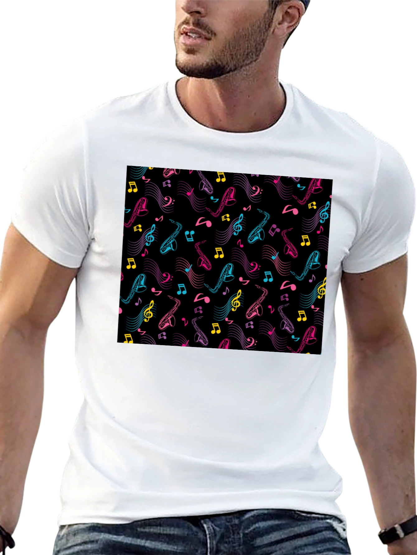 Black Musical Saxophone Pattern T-Shirt - Black view 13
