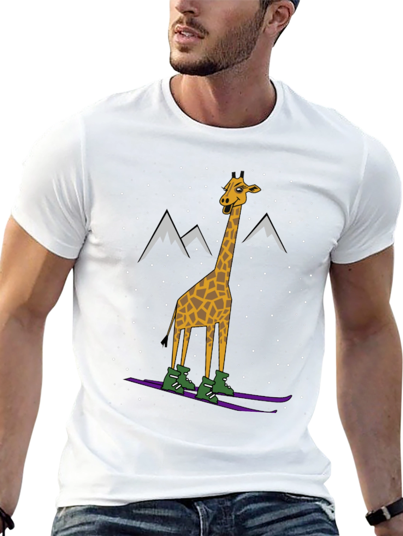 Black Skiing Giraffe Graphic Tee - Unique Winter Holiday T-Shirt view 13