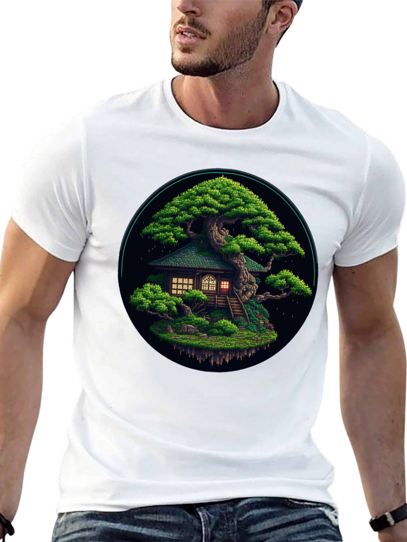 Black Pixel Art Bonsai Tree House Black T-Shirt view 13