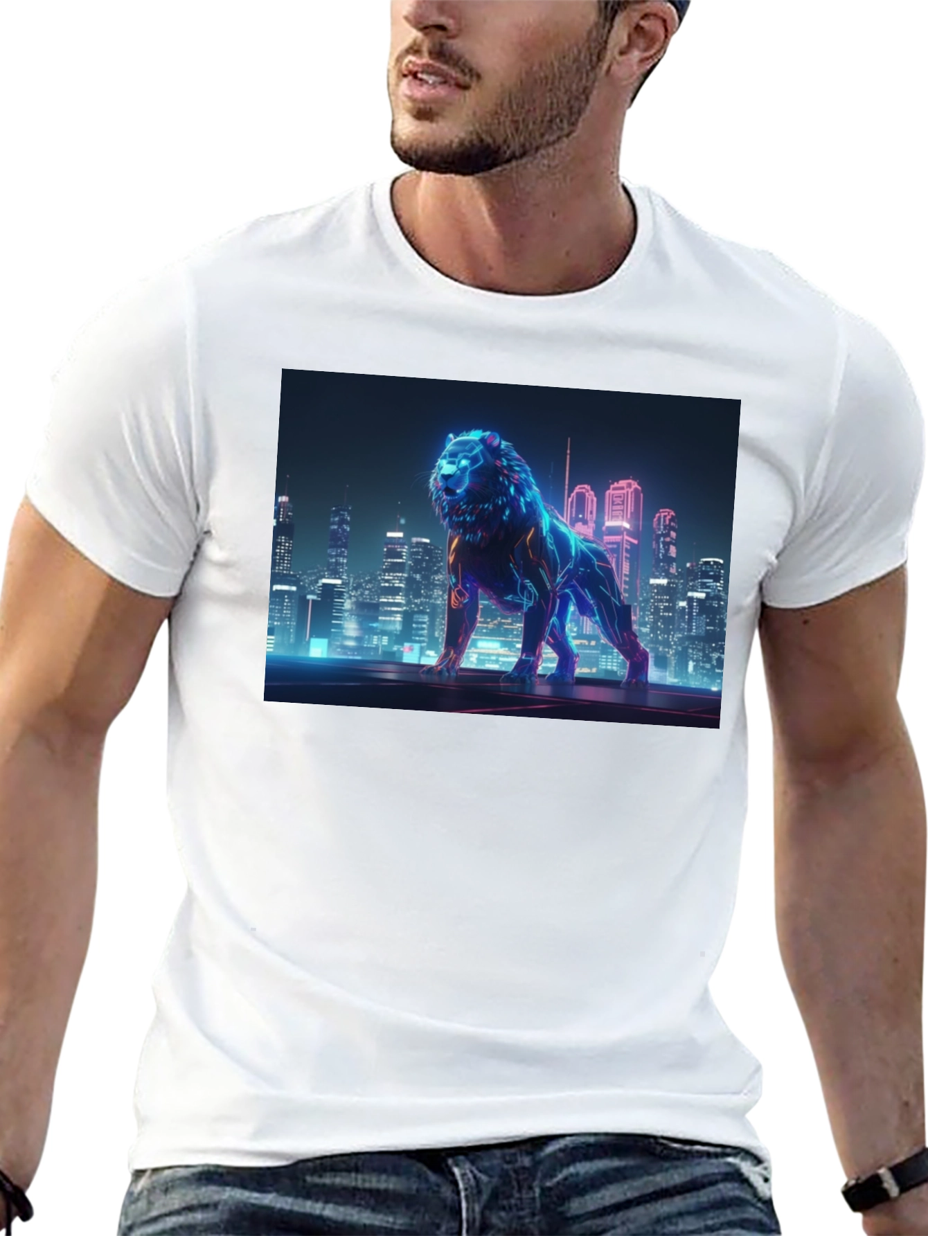 Black Neon Lion Cityscape Graphic Black Tee view 13