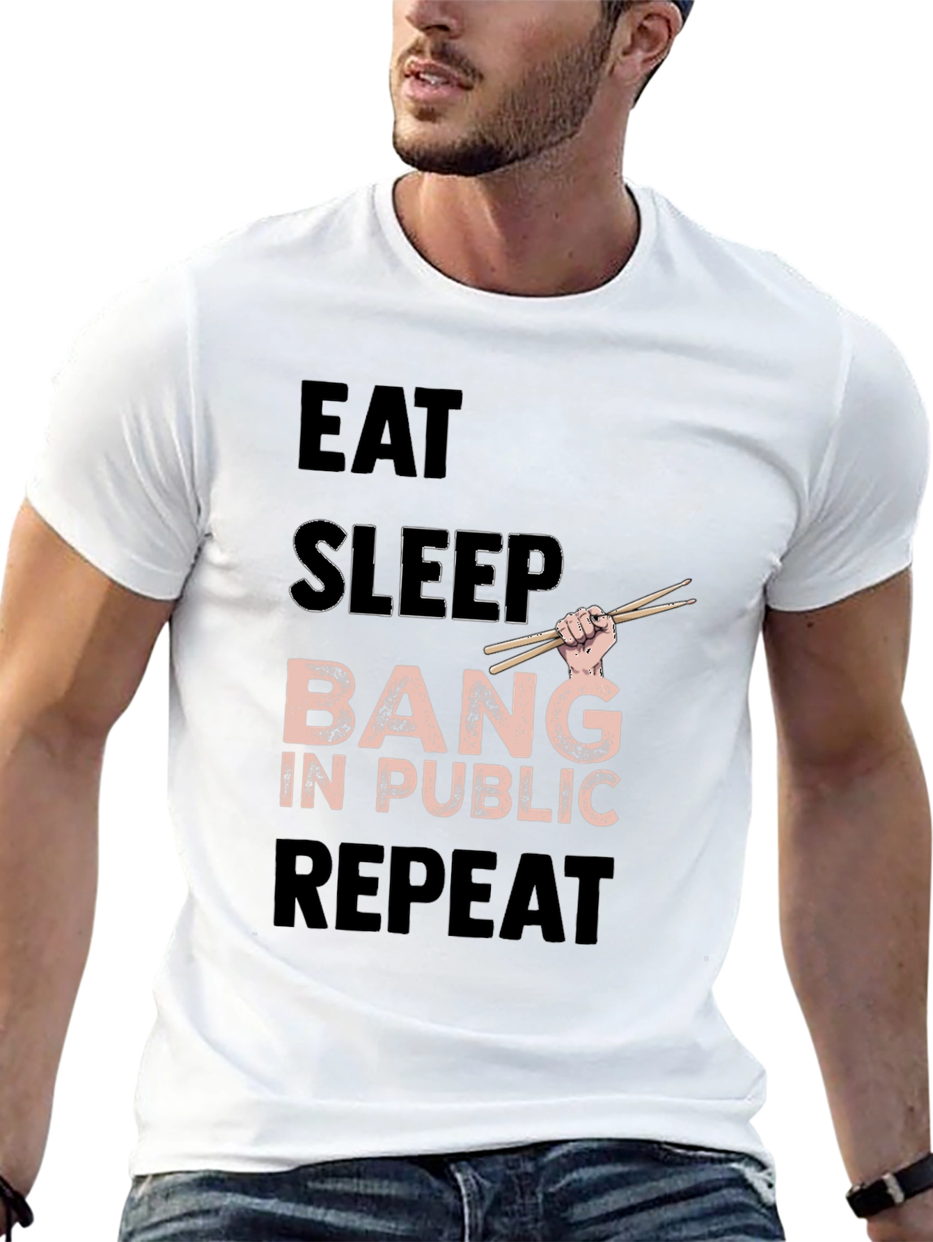Black Eat Sleep Bang in Public Repeat Funny Drummer T-Shirt view 13