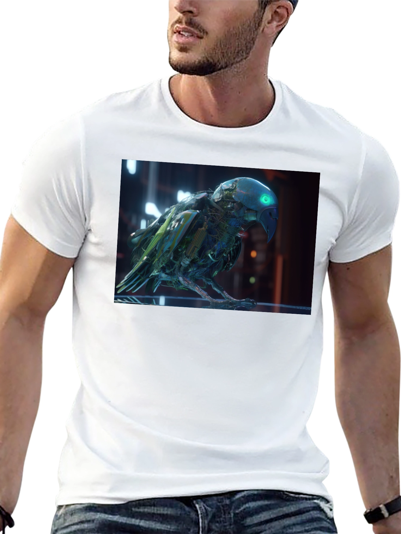 Black Cybernetic Parrot Graphic T-Shirt view 13