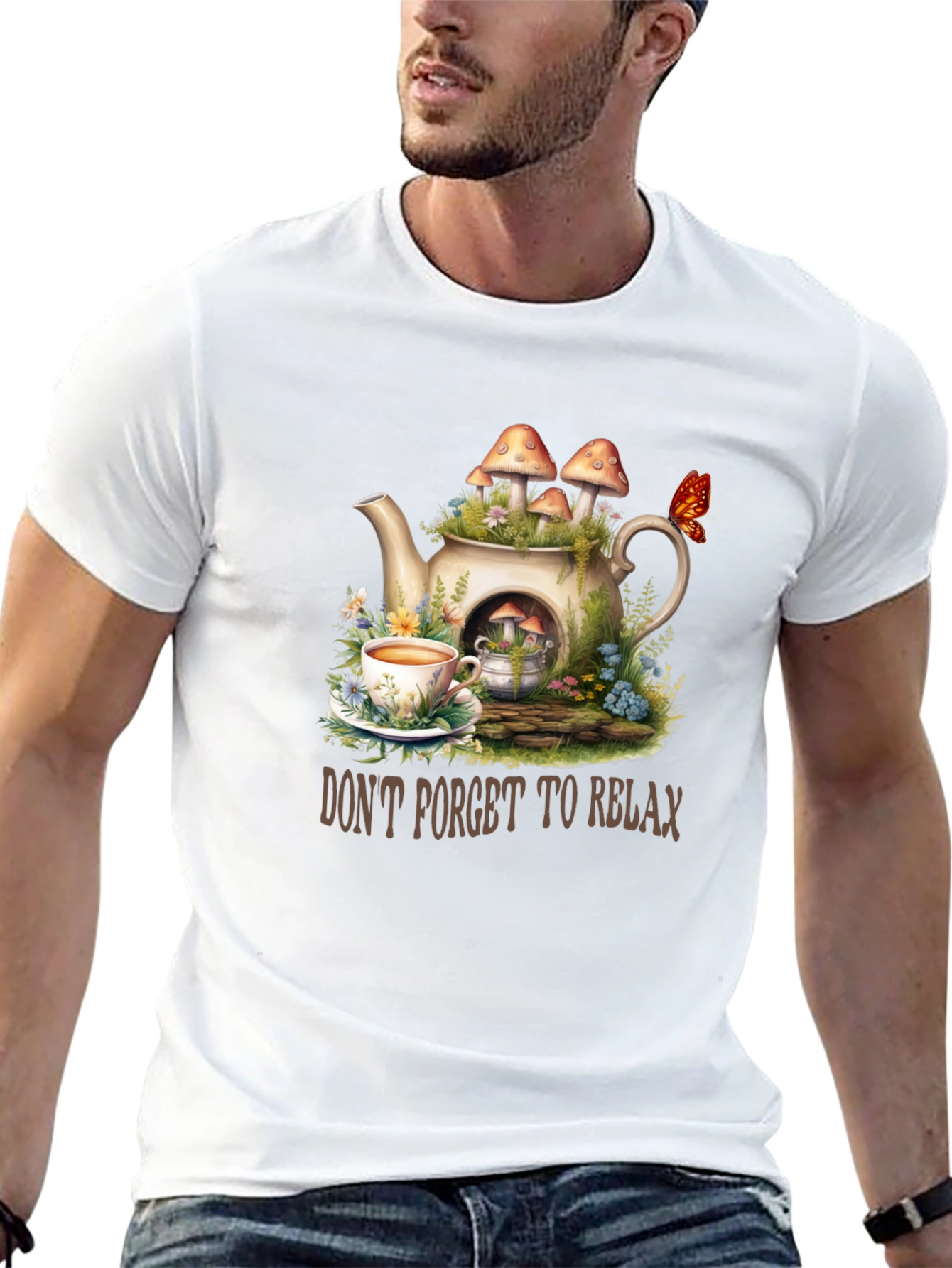 Black Relaxing Tea Party T-Shirt - Mushroom Teapot Design view 13