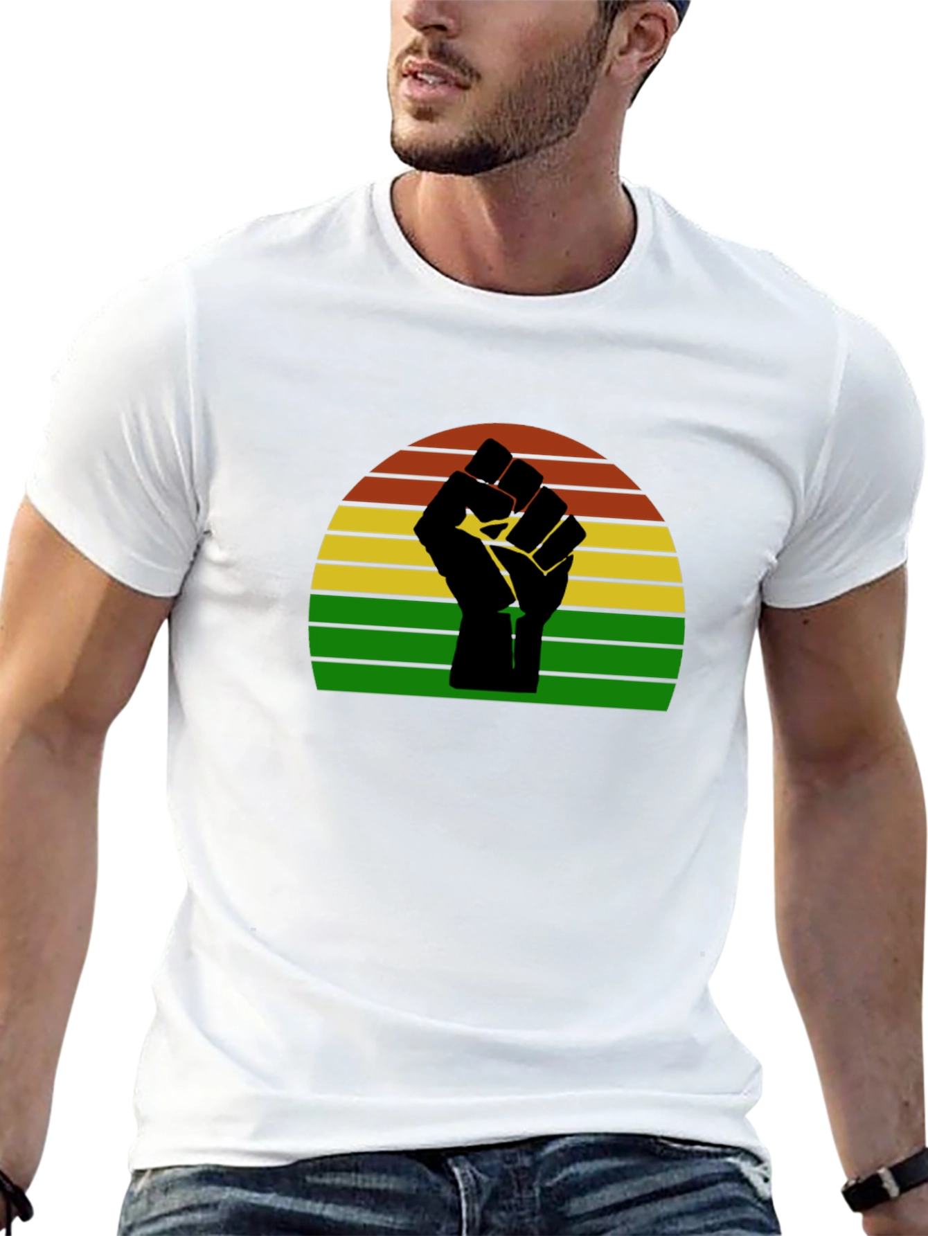 Black Black Power Fist T-Shirt - Retro Sunset Design view 13